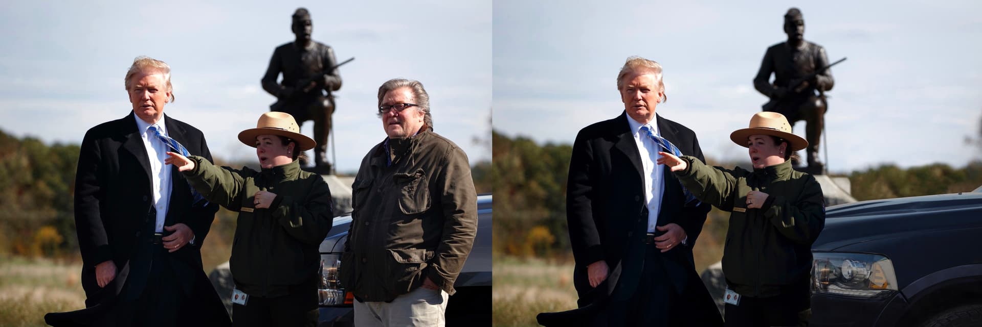 Steve Bannon removed from photos appearing alongside President Donald J. Trump. Steve Bannon: A Propaganda Retrospective, 2018. Artist: Jonas Staal 