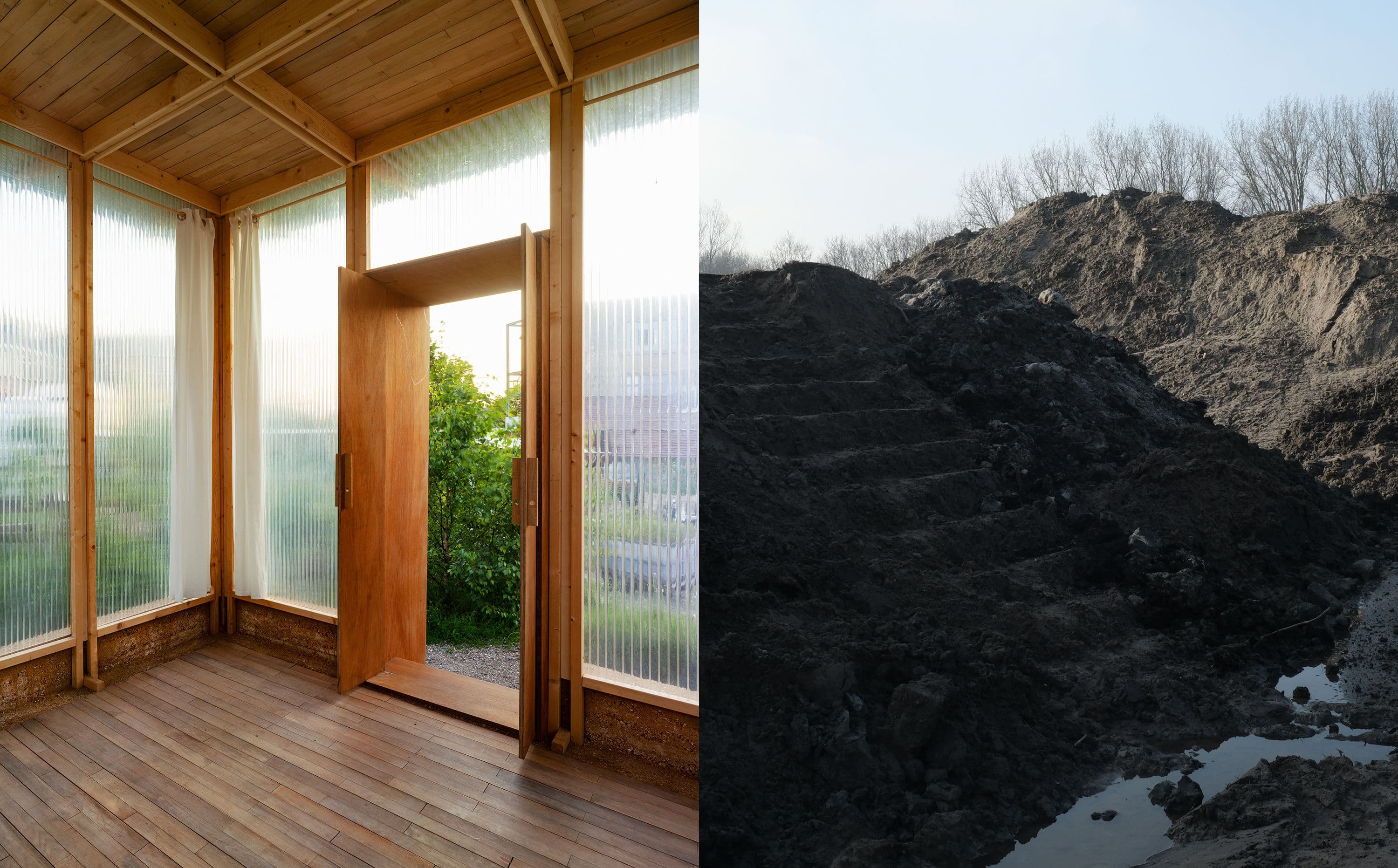 Rotterdamse grond en de aangestampte aarden muur van het Circulair paviljoen. Beeld links: Studio ACTE, rechts: Rubén Dario Kleimeer.