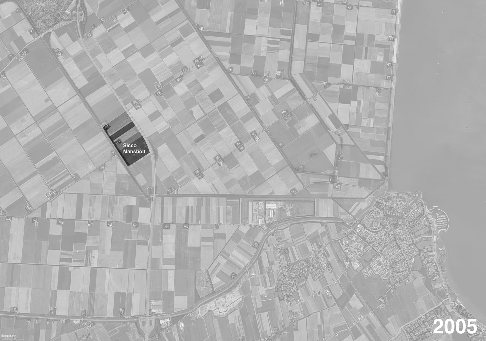 Besides the restructuring of the main road adjacent to his house, very little had changed in the polder structure over the course of 70 years since the polder’s reclamation. 
Image: Edited Google Earth Aerial, Middenmeer, 2005. 