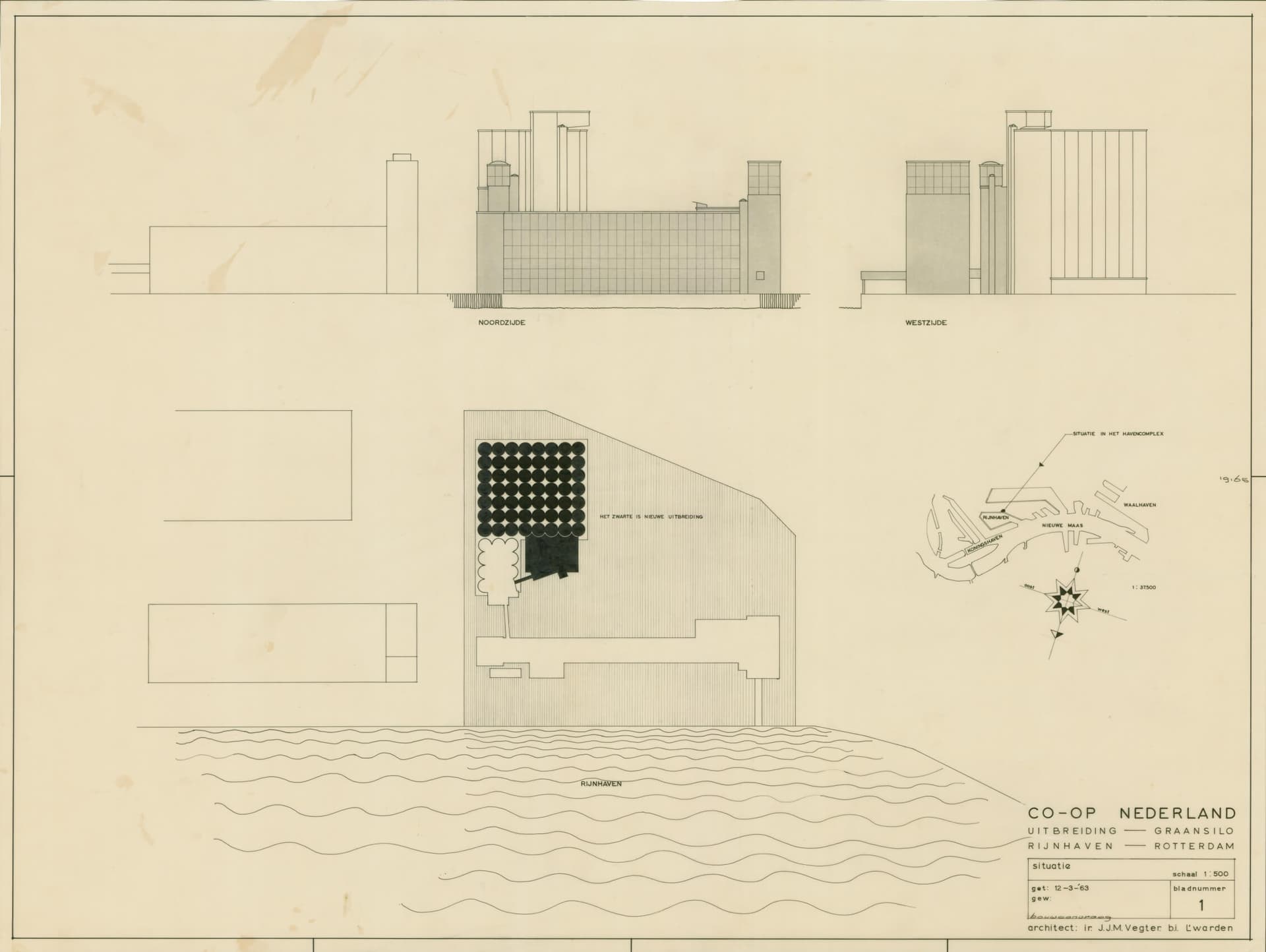 J. Vegter, in collaboration with engineer A. Arohnson, design for the extension of the Coöp Flour Factory with a new grain silo, Rotterdam, 1964. Archive: J.J.M. Vegter, dossier Coöp Flour Factory