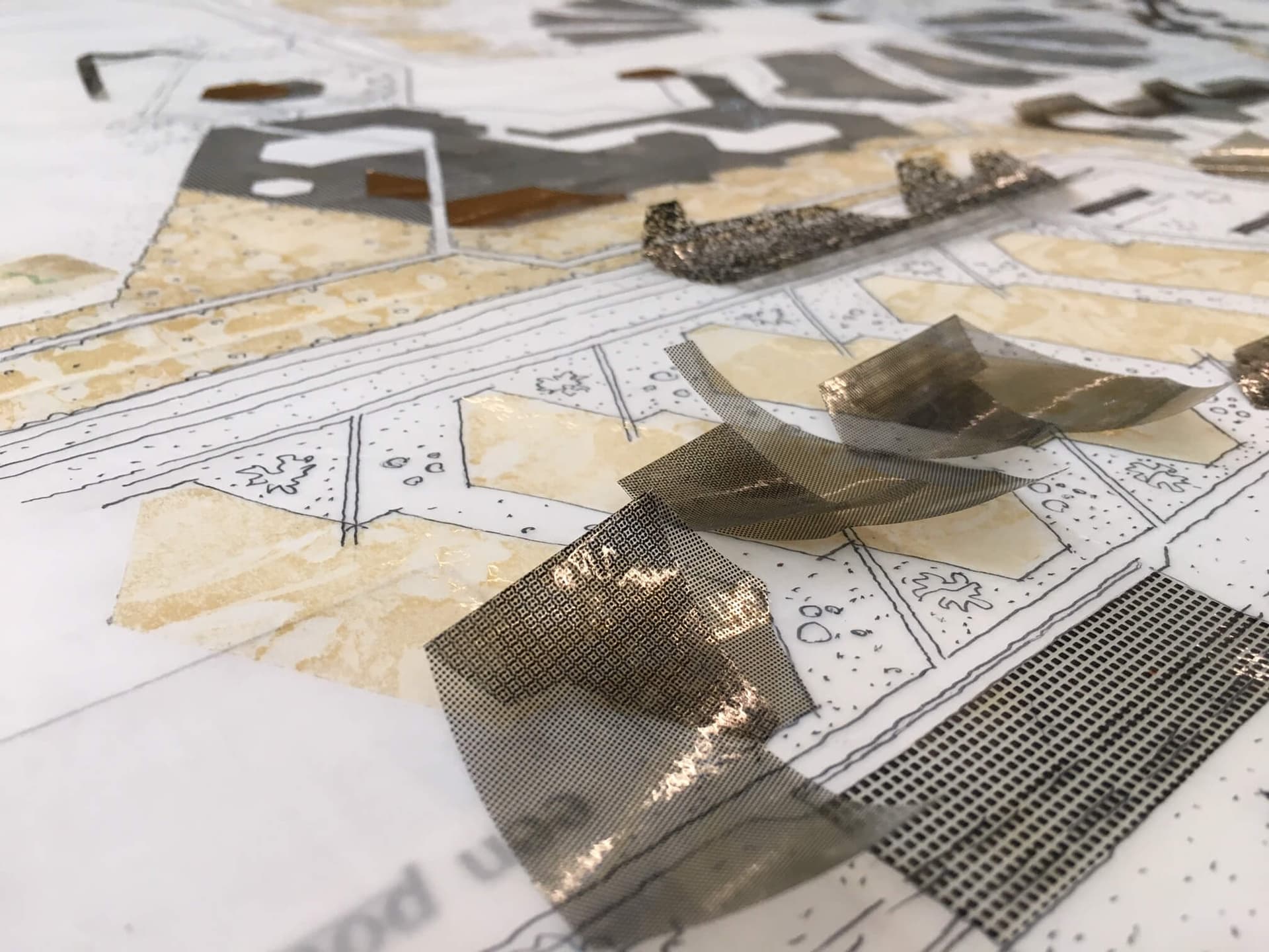 Loosening foil and adhesive residue on a study of the Randmeren by Willem Wissing, c.1973. 