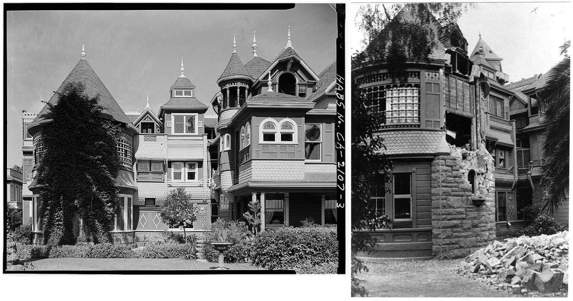 The Winchester House before and after the 1906 earthquake