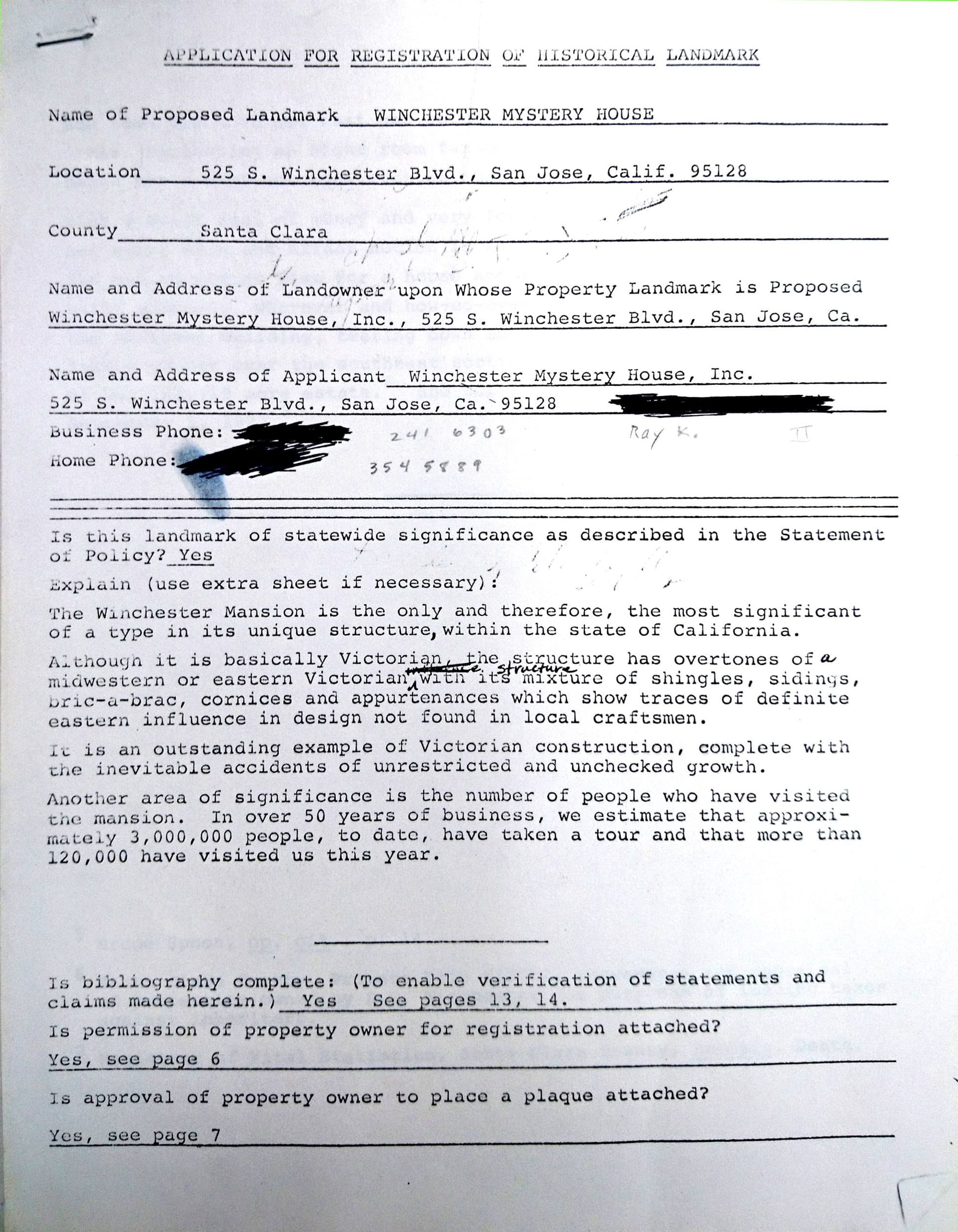 Winchester Mystery House Application for Registration as Historical Landmark in 1974 (source: Anne Garner Papers, History San Jose)