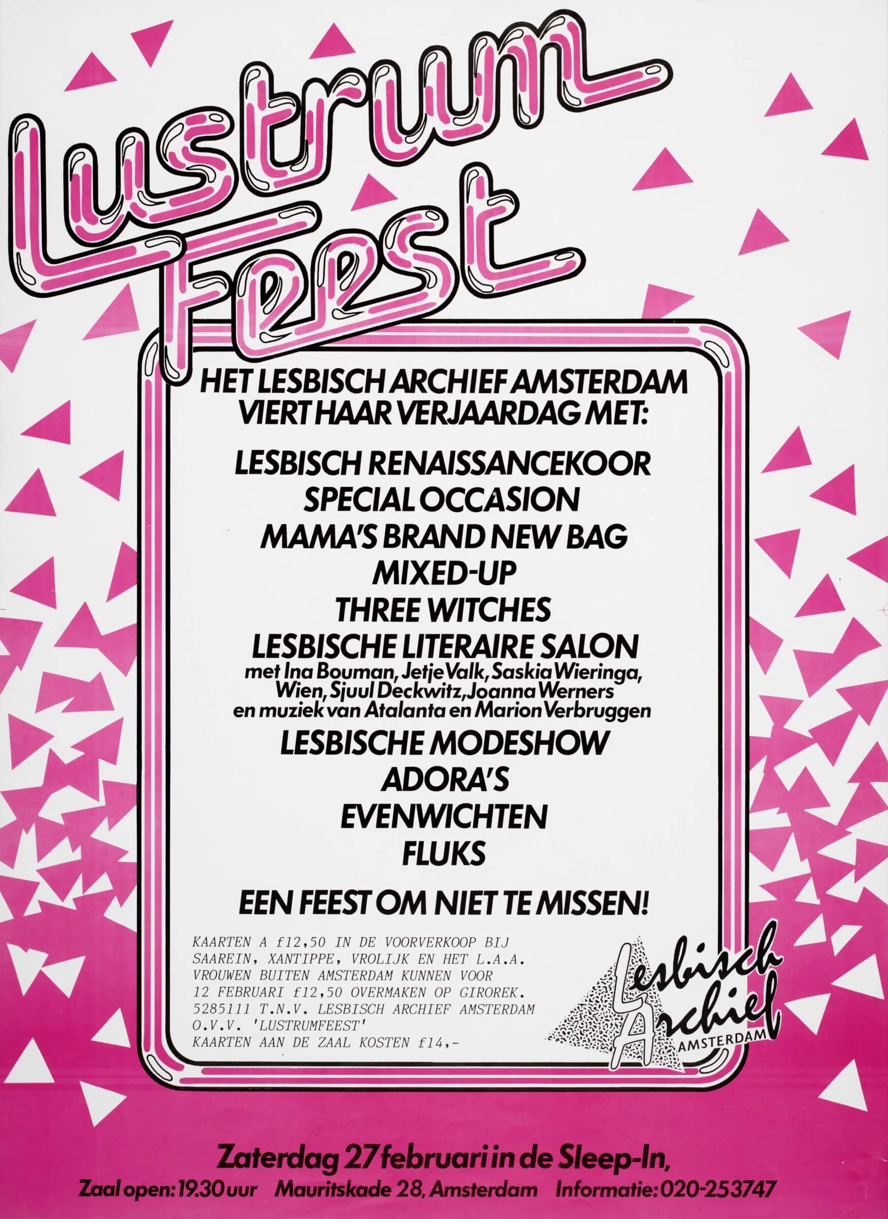 Poster “Lustrumfeest. Het Lesbisch Archief Amsterdam viert haar verjaardag” door Lesbisch Archief Amsterdam, 1988, ontwerp: onbekend. Bron: Collectie IAV-Atria  