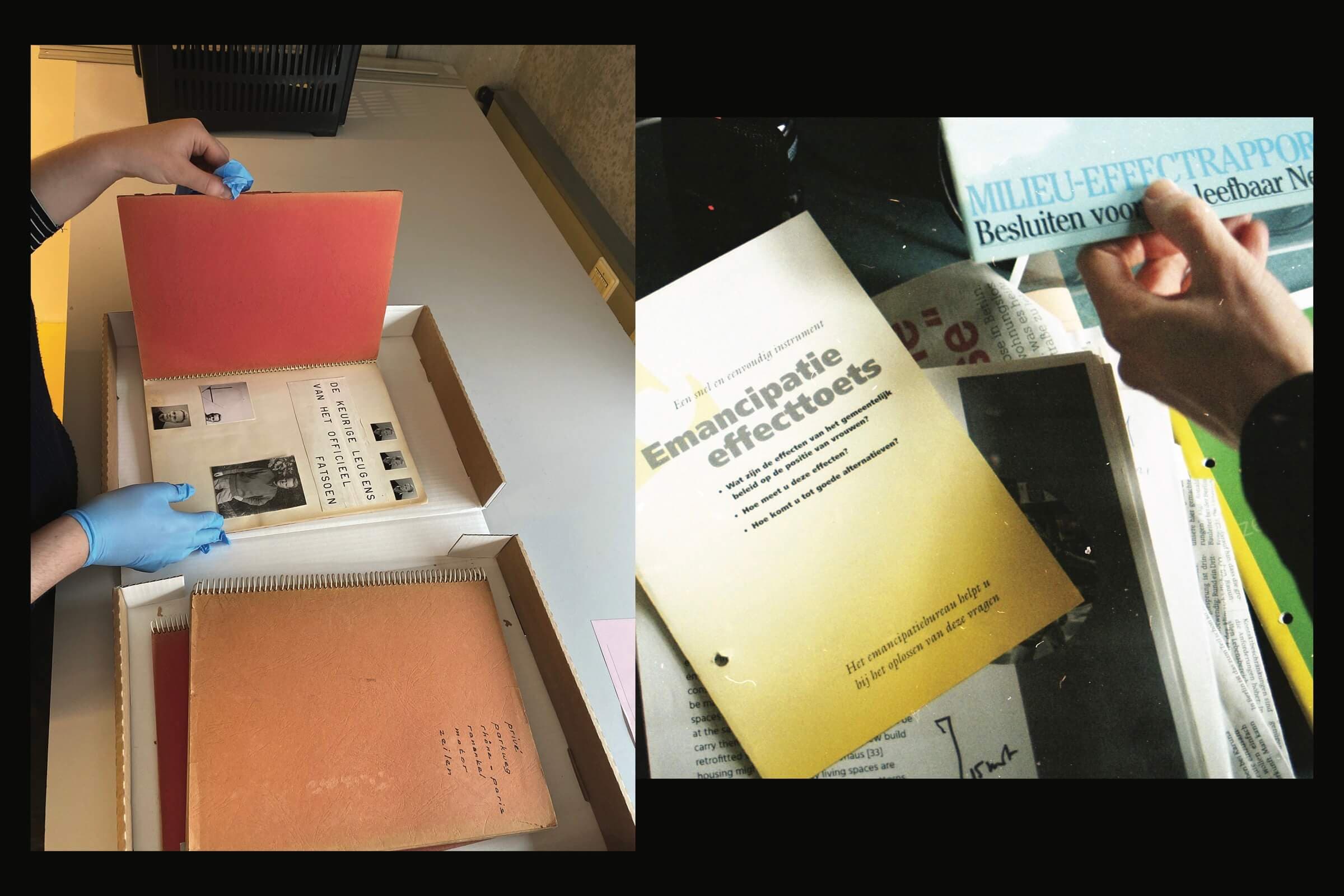 Archive visits, Collecting Otherwise. Left: at Het Nieuwe Instituut, BOOQfa_11, BOOQfa_12 - Keurige Leugens van het Officieel Fatsoen, BOOQfa_13, BOOQfa_14. Right: at Lidewij Tummers, Office Tussen-Ruimte and Vrouwen, Bouwen en Wonen archives. 