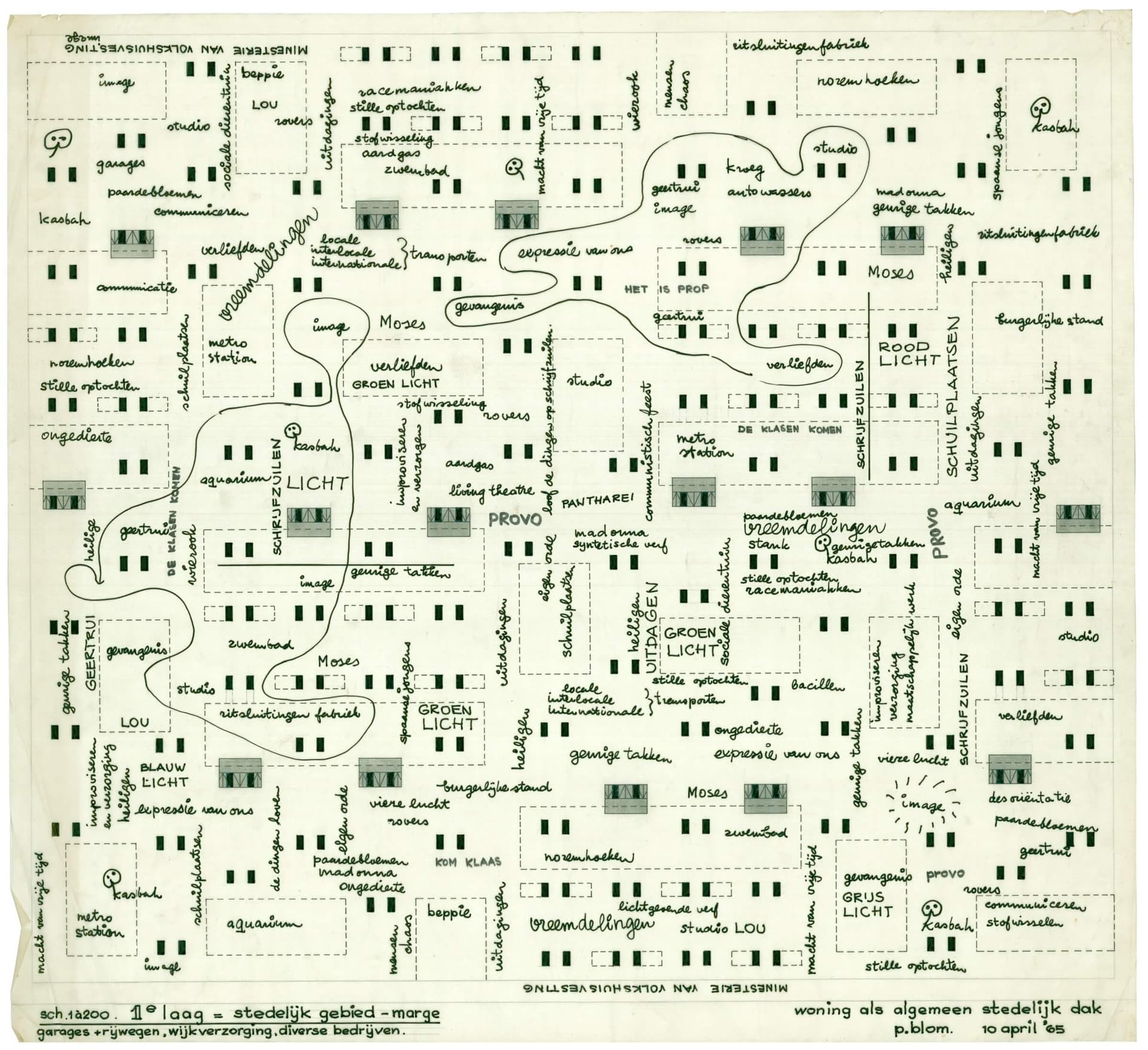 Piet Blom, Residence as general urban roof, 1st layer, 1965, collection of Het Nieuwe Instituut, BLOM 33-2. This sketch gives a lively impression of the space, which was supposed to create a social city in place of a functional one.   