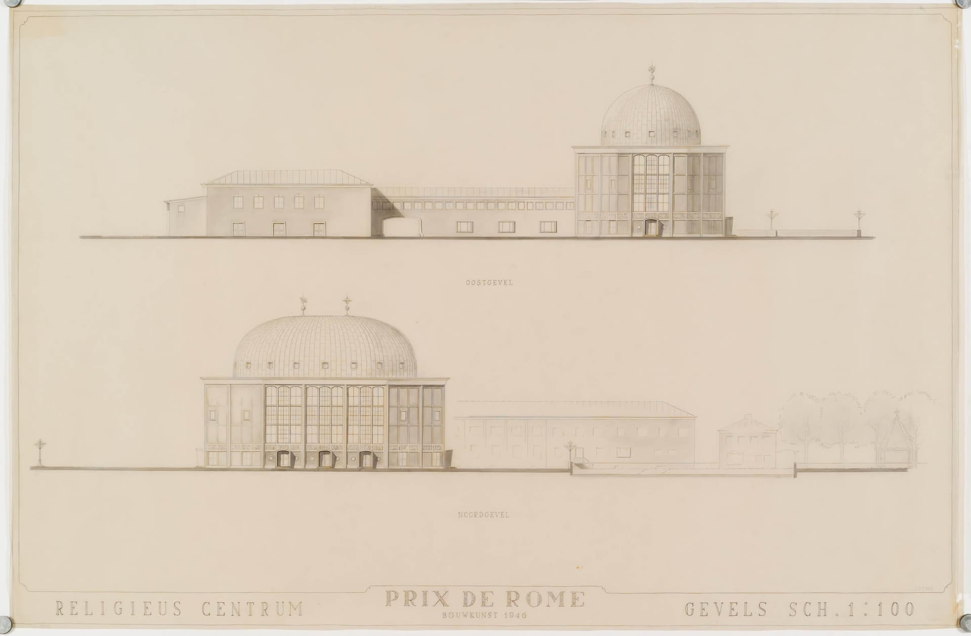 A. Nicolai. Religieus Centrum. Presentatietekening prijsvraagontwerp Prix de Rome, 1947. Collection Het Nieuwe Instituut, NICO 545. 