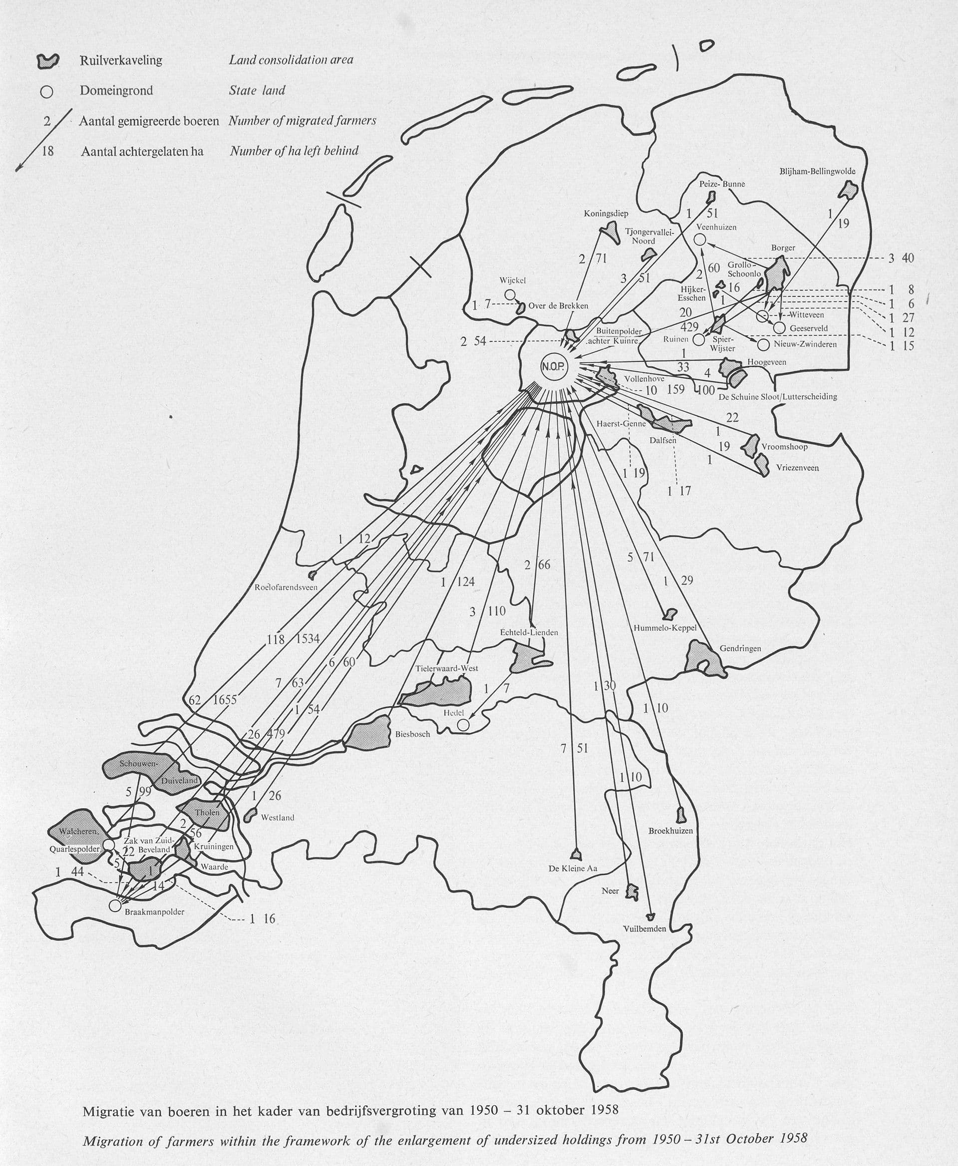 Other farmers were given the opportunity to relocate their businesses to recently reclaimed polders, establishing new, larger farms.
Image: Moving to the Noordoost Polder, Koninklijke Bibliotheek, Jaarverslag Cultuurtechnische Dienst, 1958. 