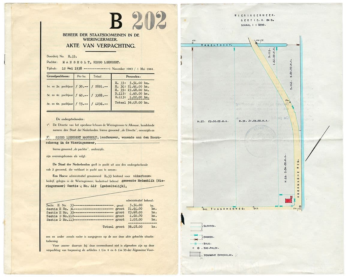 Important to note is that Mansholt did not purchase the land, instead he leased it, including the farm. 
Image: Farm lease contract Sicco Mansholt, Archive Sicco Mansholt, IISG, 1938. 