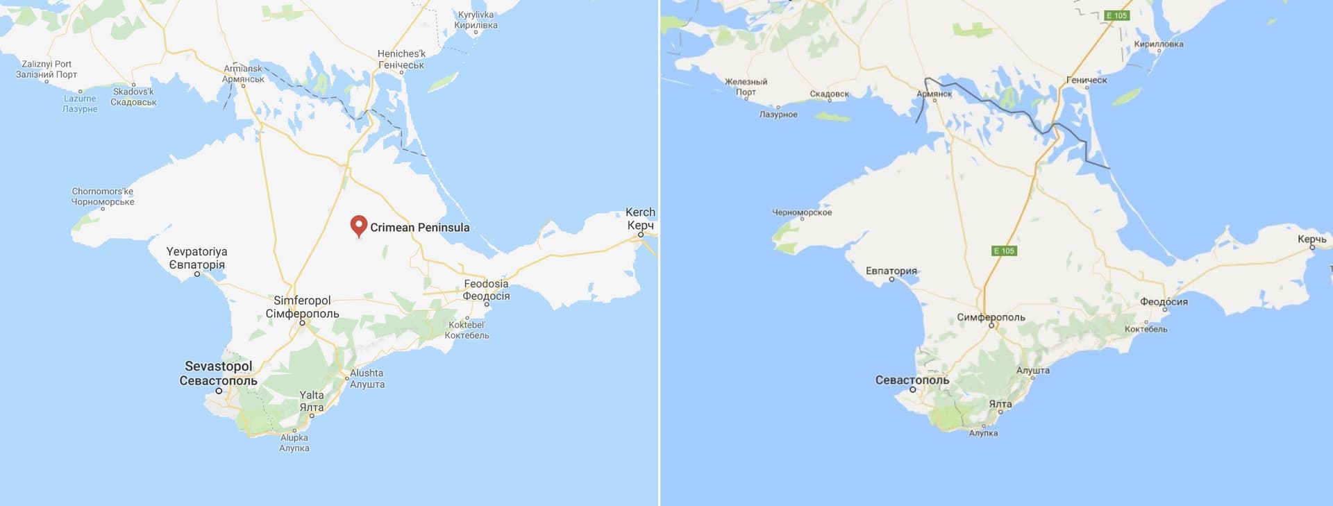 Disputed border of the Crimean peninsula, displayed differently on Google Maps outside of Russia (left) and within Russia (right). Source: Google Maps. 