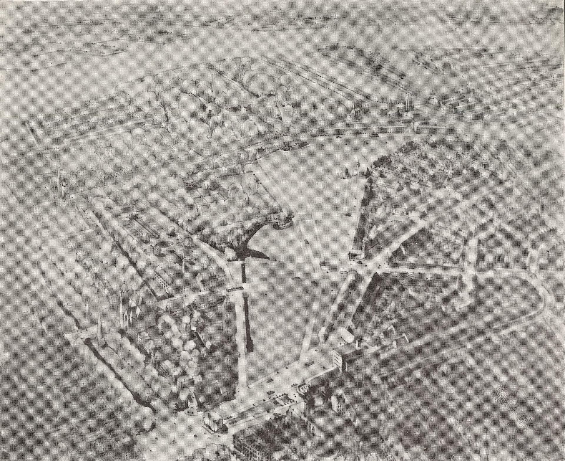 W.G. Witteveen. Uitbreidingsplan Dijkzigt, 1927. Het Land van Hoboken gezien vanuit het noorden richting Het Park en de Maas. W.G. Witteveen, Het uitbreidingsplan voor het Land van Hoboken, Rotterdam, 1927, p.8. Collectie Het Nieuwe Instituut,… 