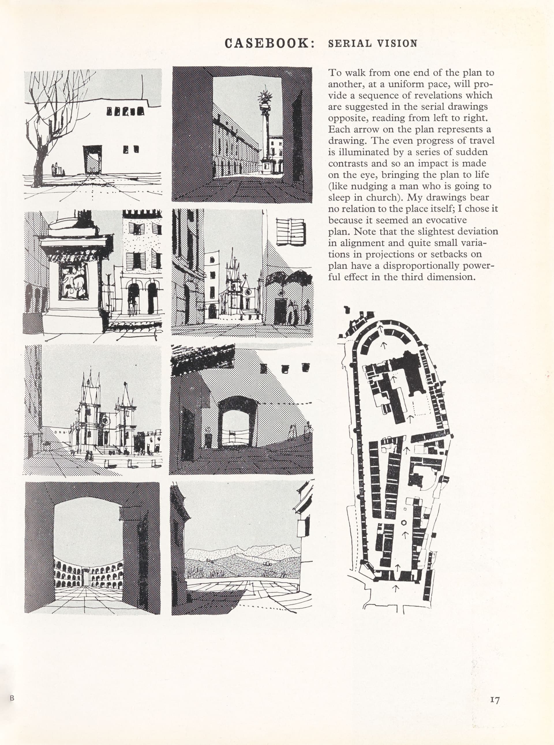 Gordon Cullen, Serial Vision, also called Serials, showing a visualisation of successive cityscapes from a pedestrian’s perspective. Cullen used Zip-A-Tone grids to visualise contrasts between light and dark and as a device to connect cons… 