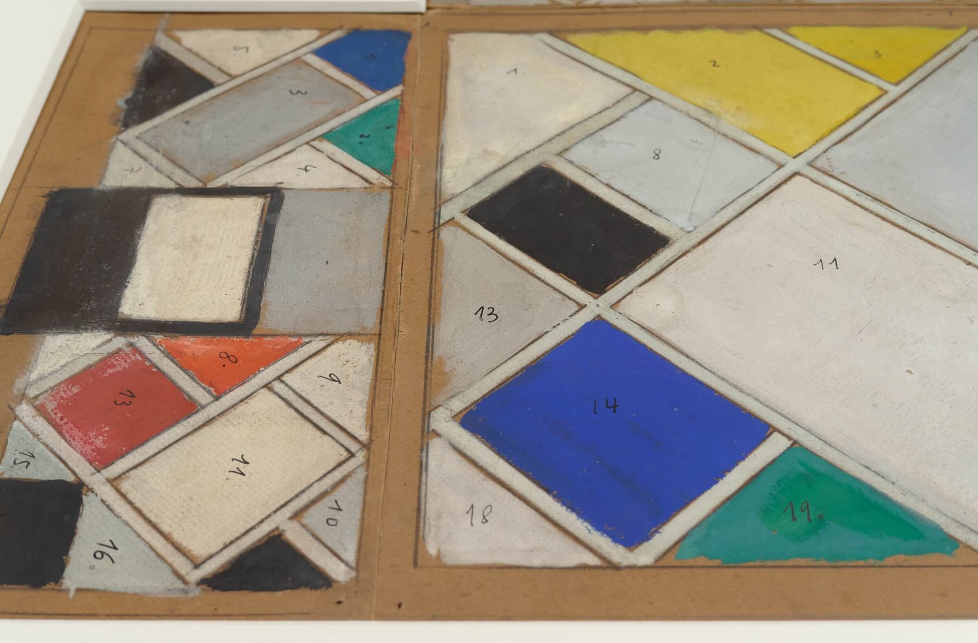 Theo van Doesburg. Interior model. Colour design for ceiling and three walls, cinema and dance hall of Café de l'Aubette, 1926/1927. Pencil and gouache on cardboard. 43 x 74.5 cm. Collection Het Nieuwe Instituut, DOES m1. Photo: Johannes Schwar… 