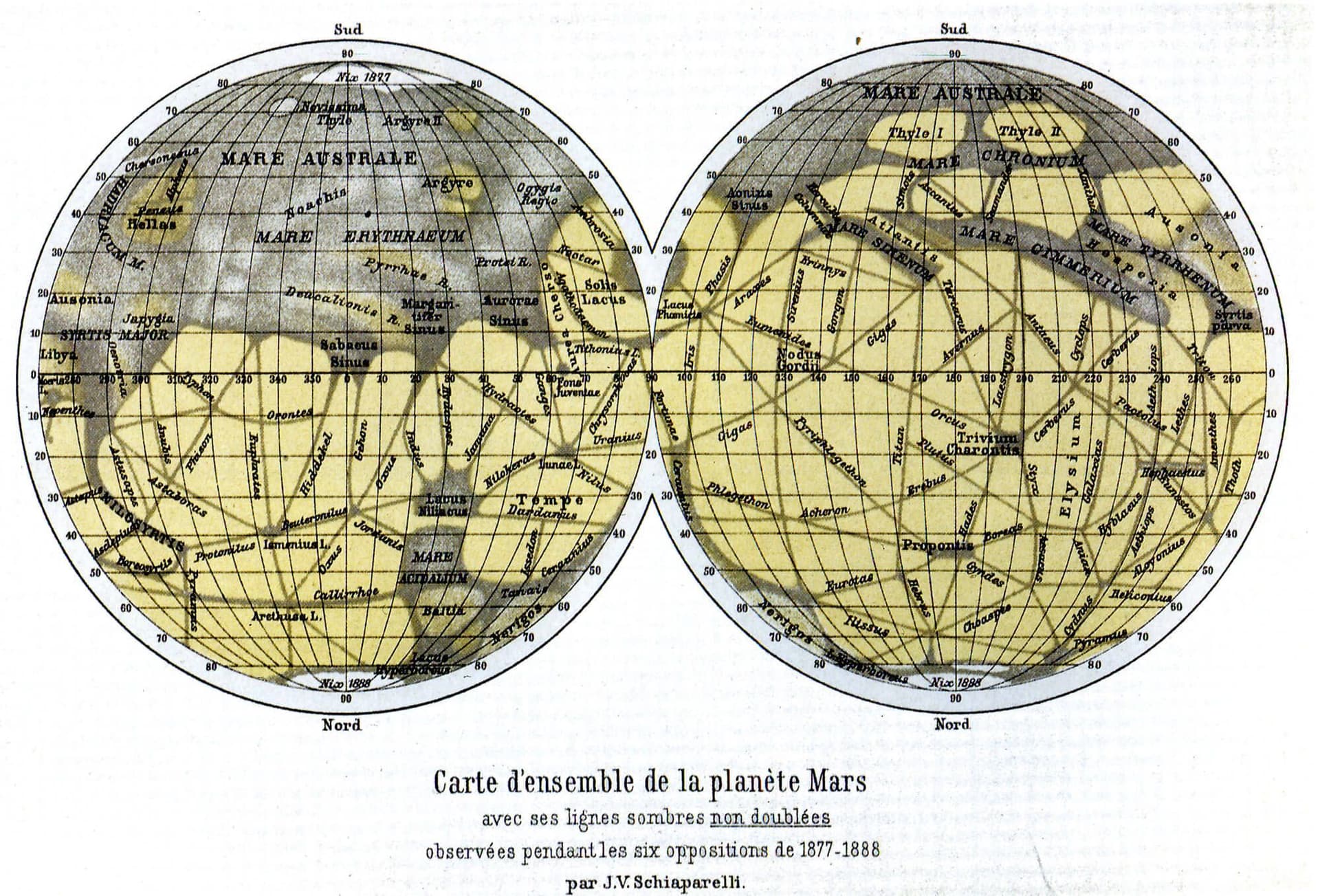 Atlas of Mars by Giovanni Schiaparelli, 1888 (with the South Pole on top). 