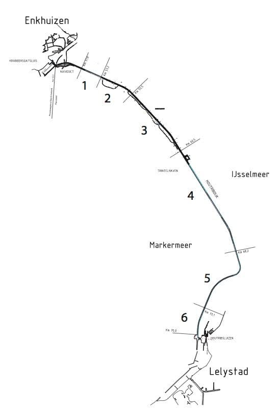  De oriëntatie en hoogteligging van de weg over de Houtribdijk is op te splitsen in zes verschillende trajecten. 
