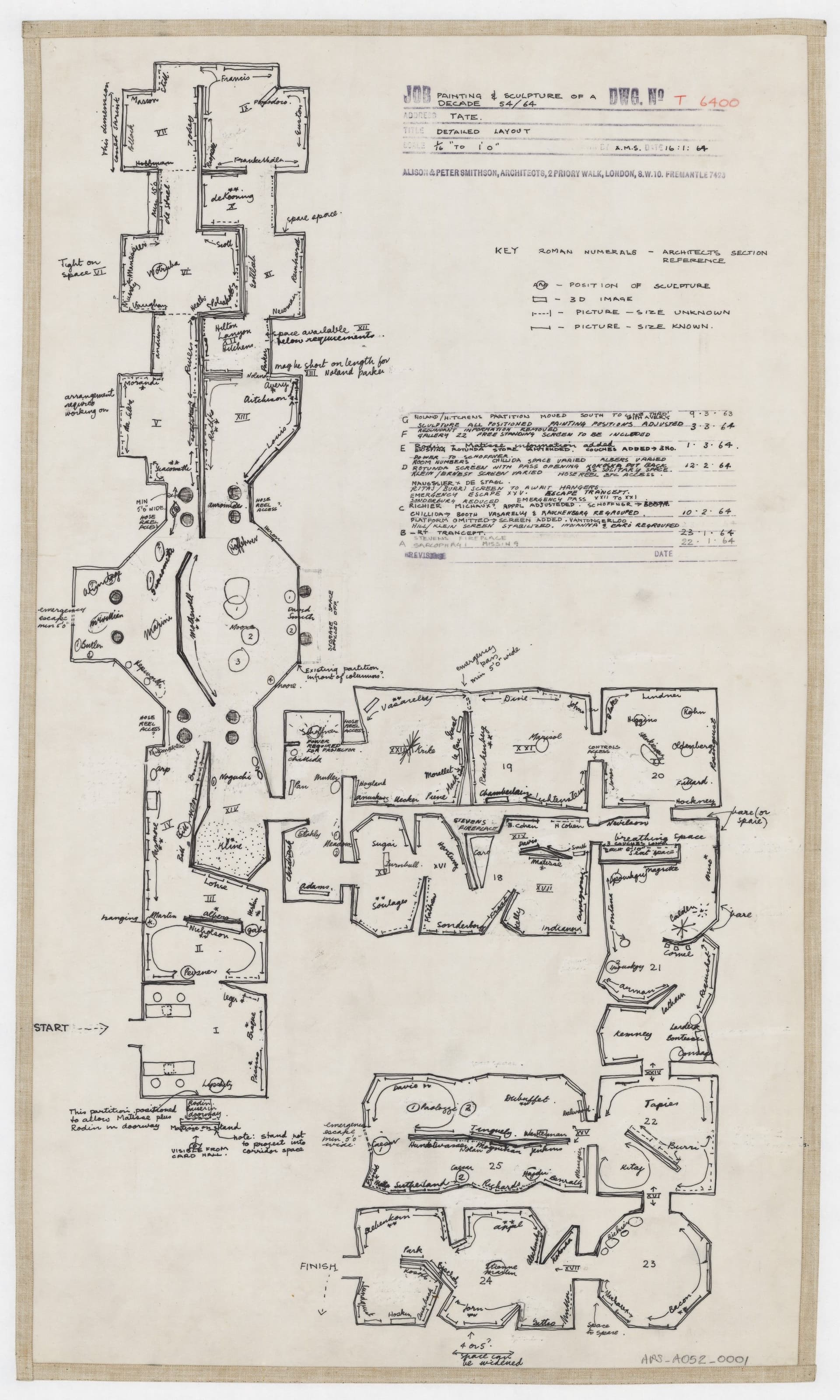  Alison en Peter Smithson, Painting & Sculpture of a Decade 54–64. Tentoonstelling Tate Gallery, London, 1964. Plan voor de inrichting van de tentoonstelling, met daar op aangegeven de (veranderende) posities van de kunstwerken. Alison and Peter… 