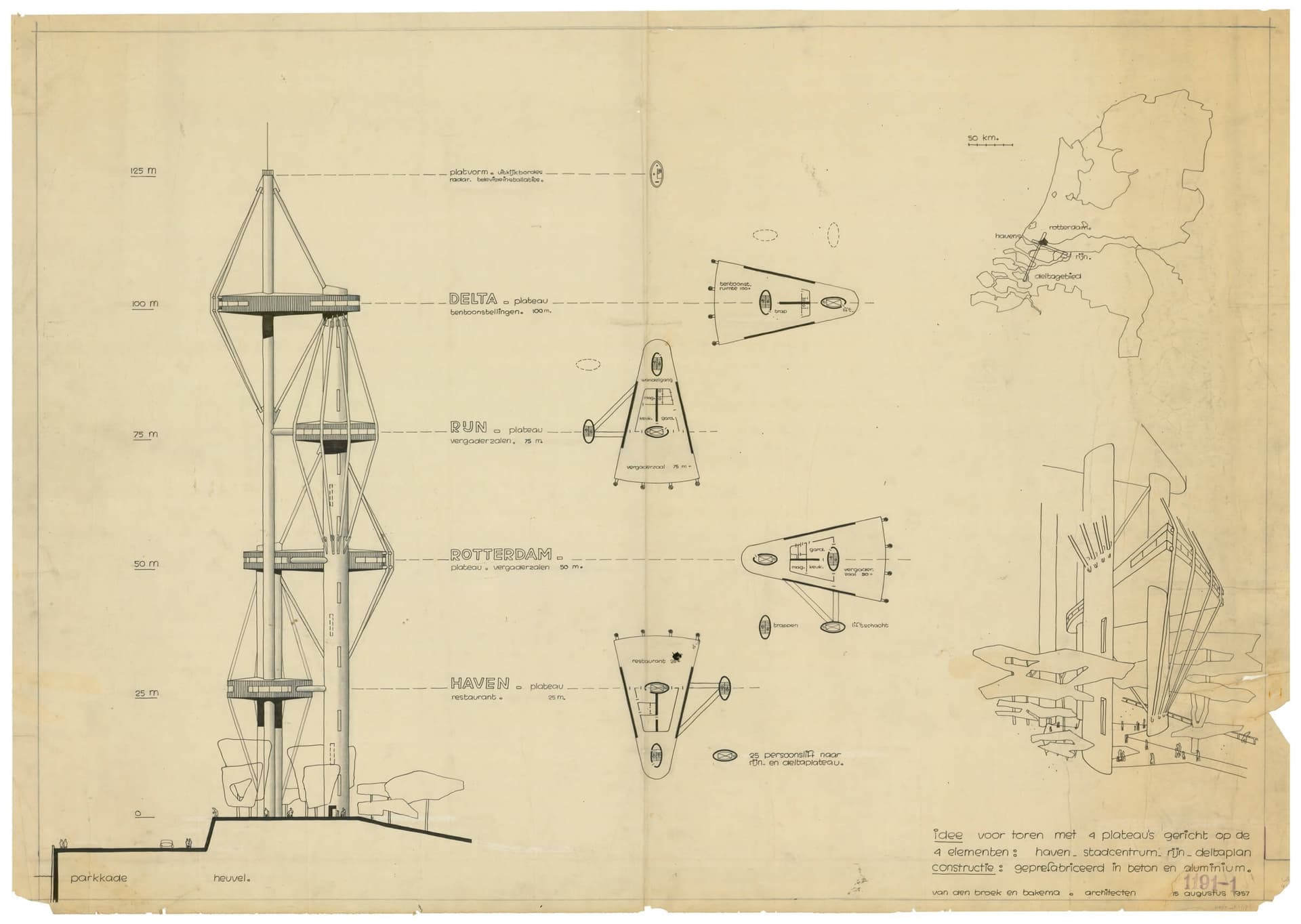 J. Bakema. Design for the 'Euromast', Rotterdam, 1957. Collection Het Nieuwe Instituut, BROX 1191t1672  