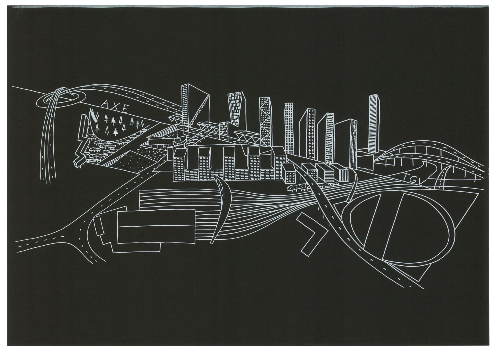 Schets van het stedenbouwkundig plan voor het zakencentrum Euralille: het Centre Internationale d'Affaires. Collectie: NAi, Archief OMAR 