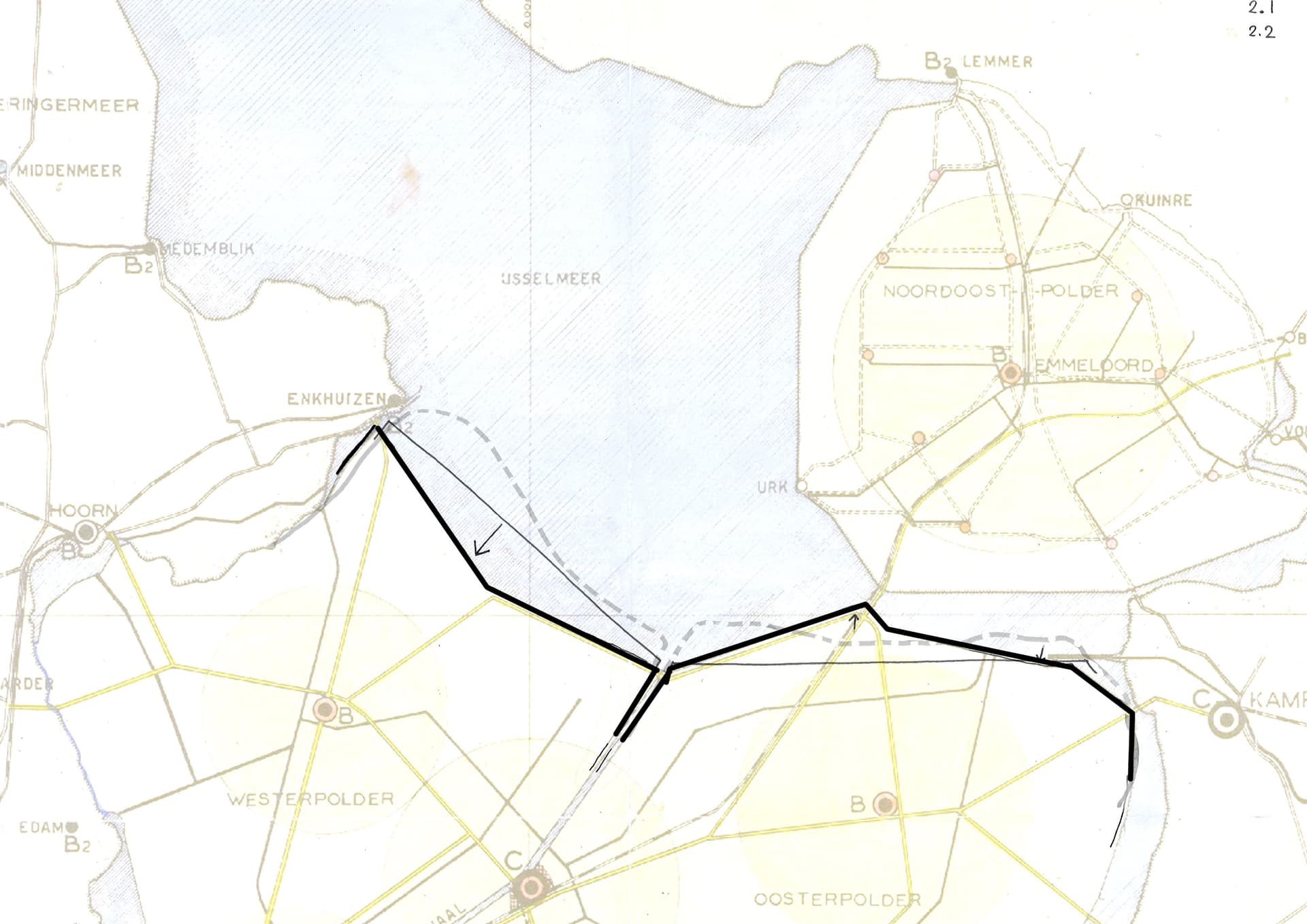  Plan Dienst ZZW 1949, met gefacetteerde dijken en de compensatiegrond (erbij/eraf) ten opzichte van het plan 1941 en met ingetekend de kromme lijnen van Van Eesteren (1944). 