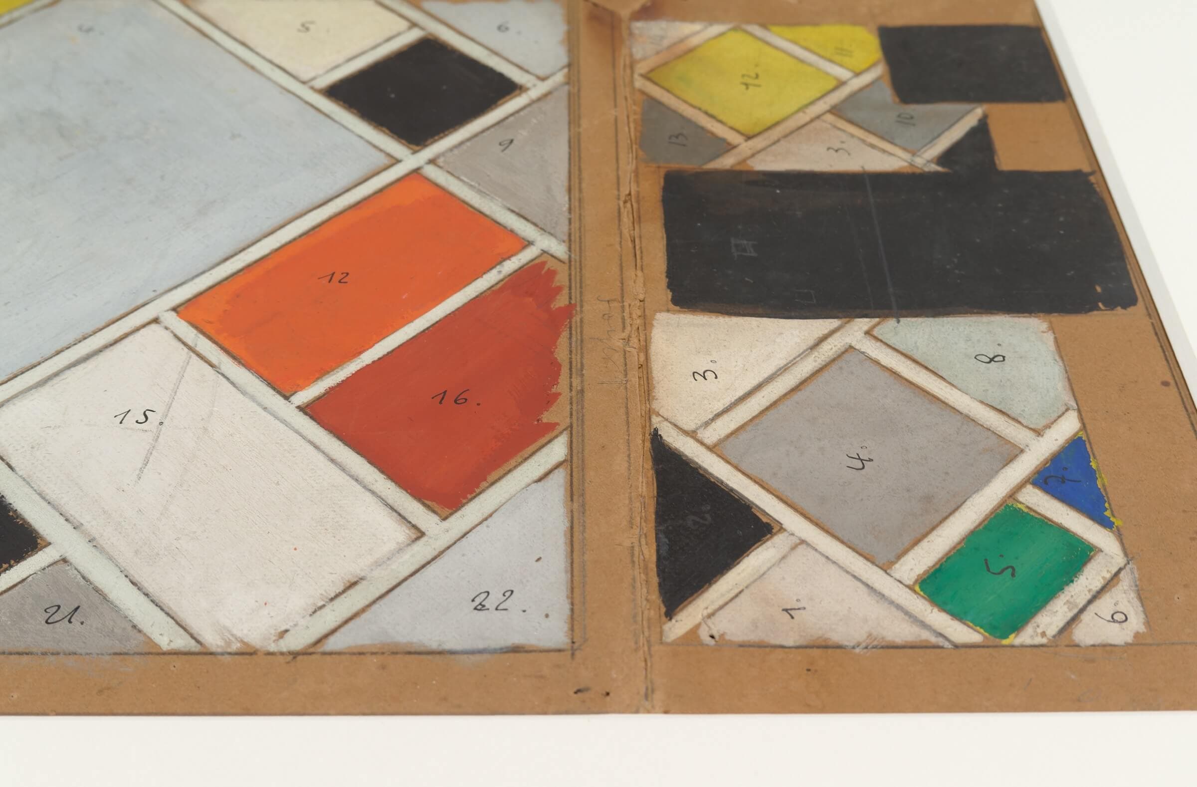 Theo van Doesburg. Interior model. Colour design for ceiling and three walls, cinema and dance hall of Café de l'Aubette, 1926/1927. Pencil and gouache on cardboard. 43 x 74.5 cm. Collection Het Nieuwe Instituut, DOES m1. Photo: Johannes Schwart…