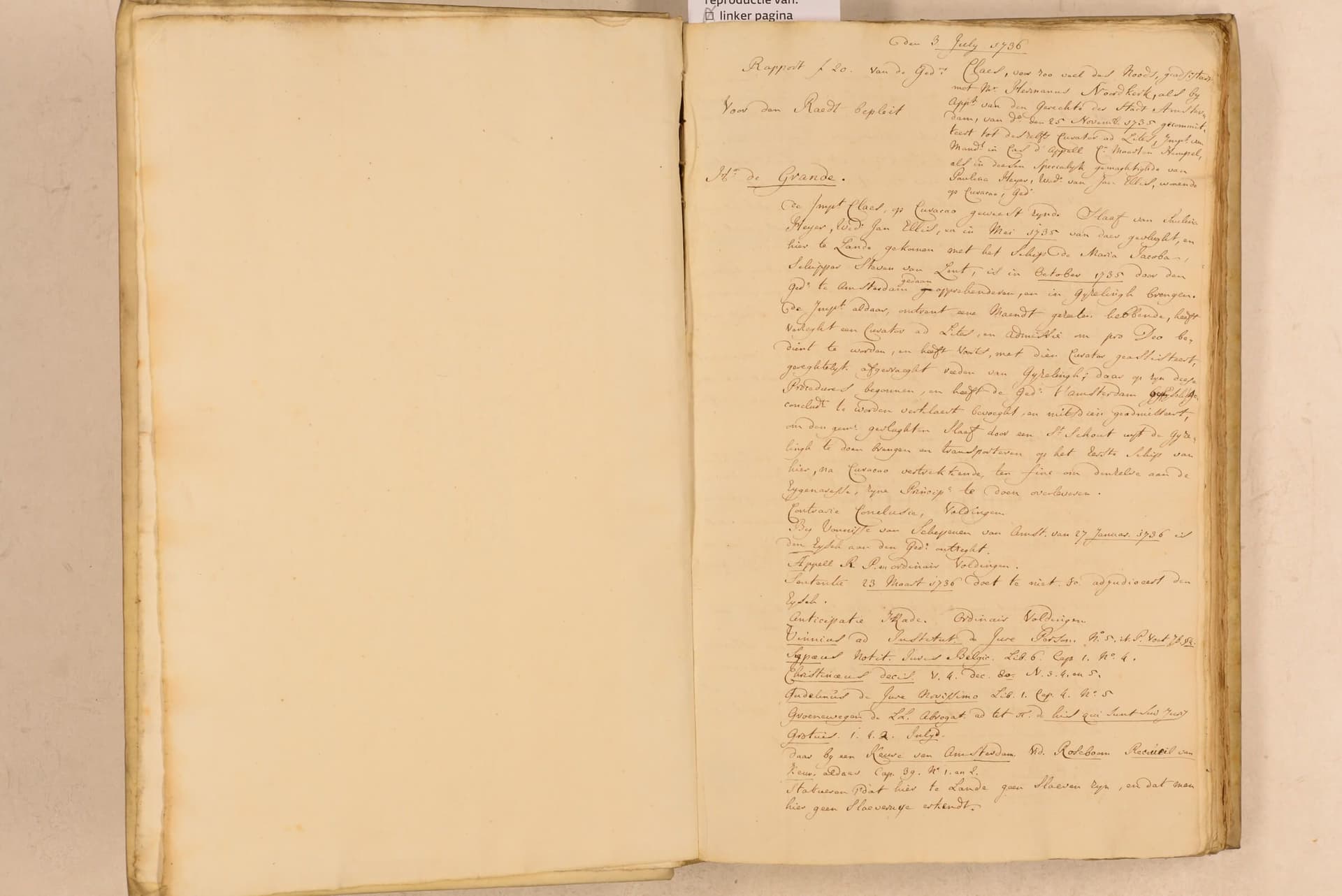 Scan of a 1736 ruling in the case of Claes, signed by presiding judge Cornelis van Bynkershoek of the Supreme Court of Holland and Zeeland. © Geographies of Freedom. 
