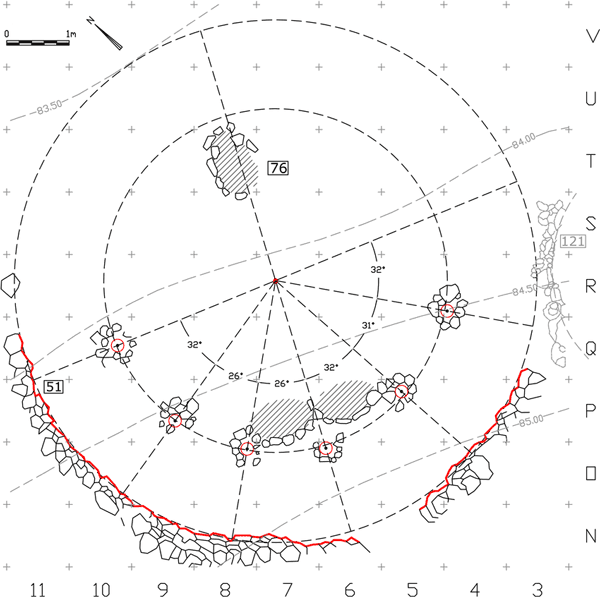 Geometrical analysis of Natufian dwelling: Shelter 51, Eynan (Ain Mallaha), Israel. Drawing: Gil Harklay and Avi Gopher. 