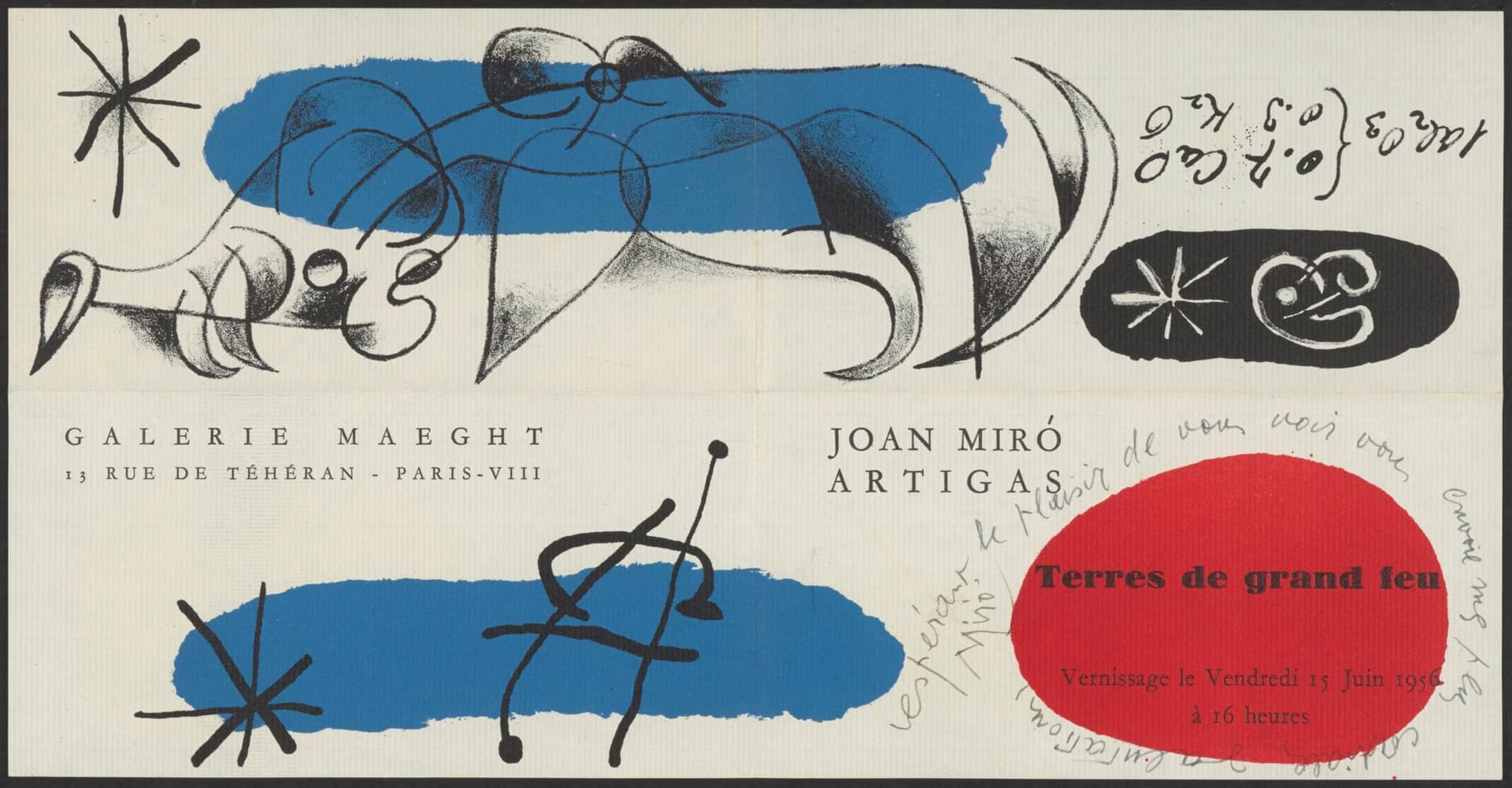 Uitnodiging van Galerie Maeght, Parijs, voor een expositie van Joan Miró, 1956. Correspondentiedossier tegeltableau Bio-herstellingsoord Arnhem, 1955-1961. Collectie Het Nieuwe Instituut, OUDK d9-24 