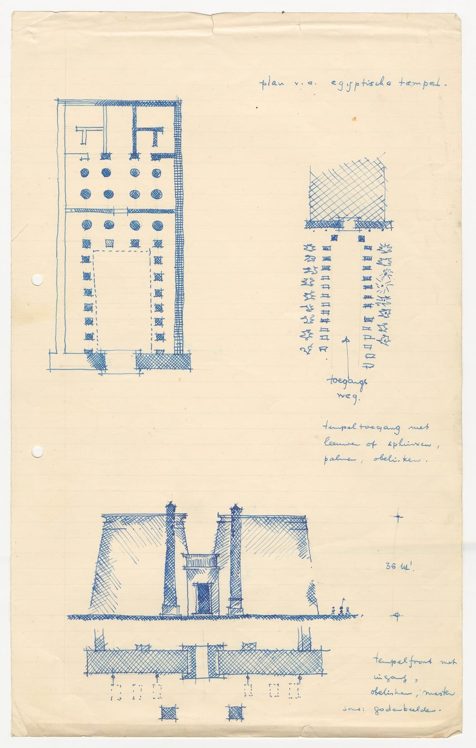 Een pagina uit de collegedictaten van Vegter over de geschiedenis van de Bouwkunst, een vak dat hij doceert aan de MTS in Leeuwarden. Hier legt hij de karakteristieken van een Egyptische tempel uit, ca. 1950. Archief: J.J.M. Vegter