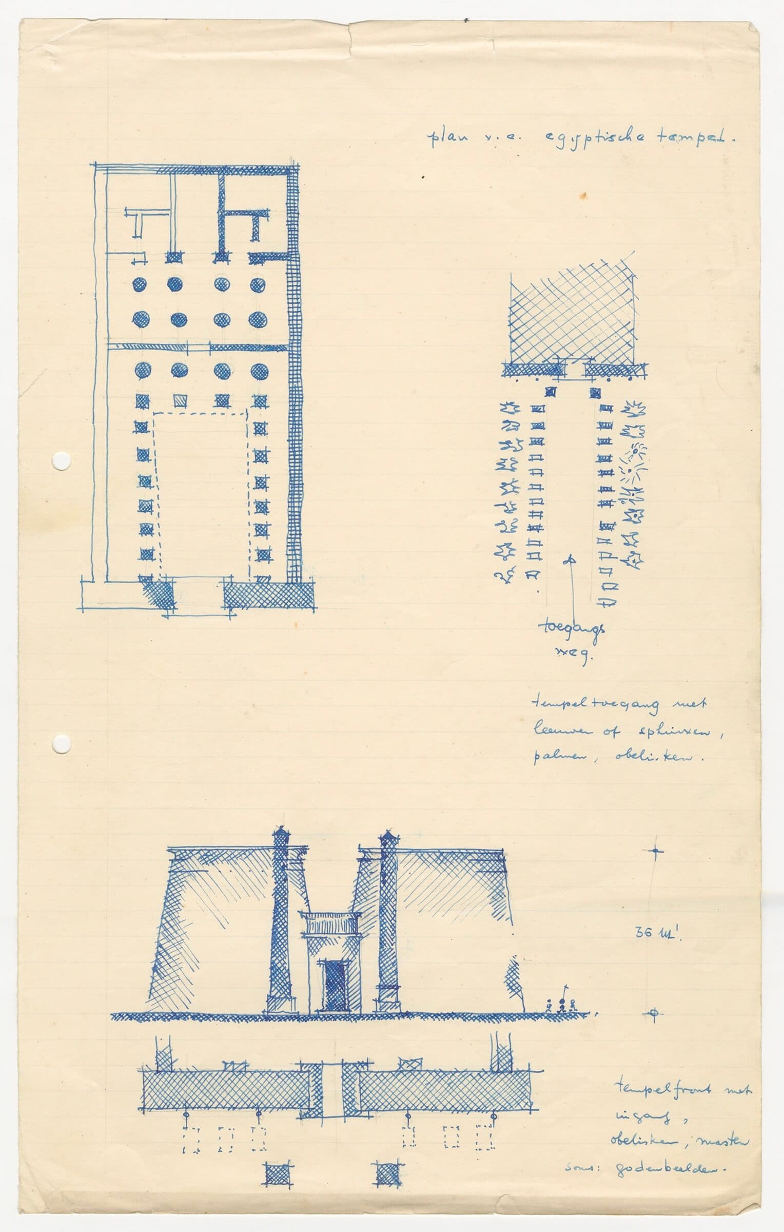 A page from the lecture notes of Vegter on the history of architecture, a course he teaches at the MTS in Leeuwarden. Here he explains the characteristics of an Egyptian temple, ca. 1950. Archive: J.J.M. Vegter