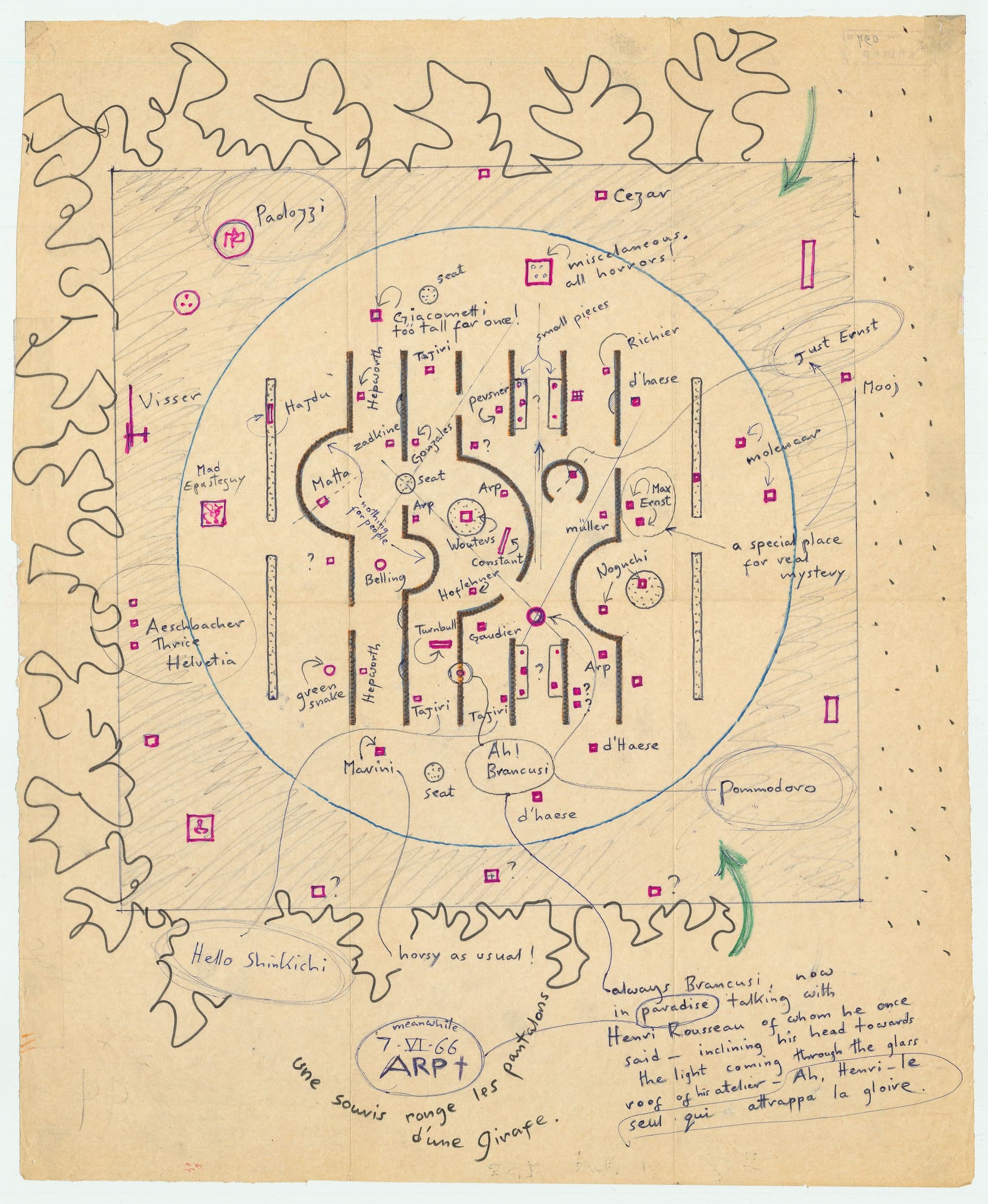 Aldo van Eyck. Pavilion for the 1966 Sonsbeek exhibition, Arnhem. Plan of the pavilion showing the parallel walls and various niches, with notes by Van Eyck and the names of the artists included in the exhibition. From the Aldo van Eyck Archive… 