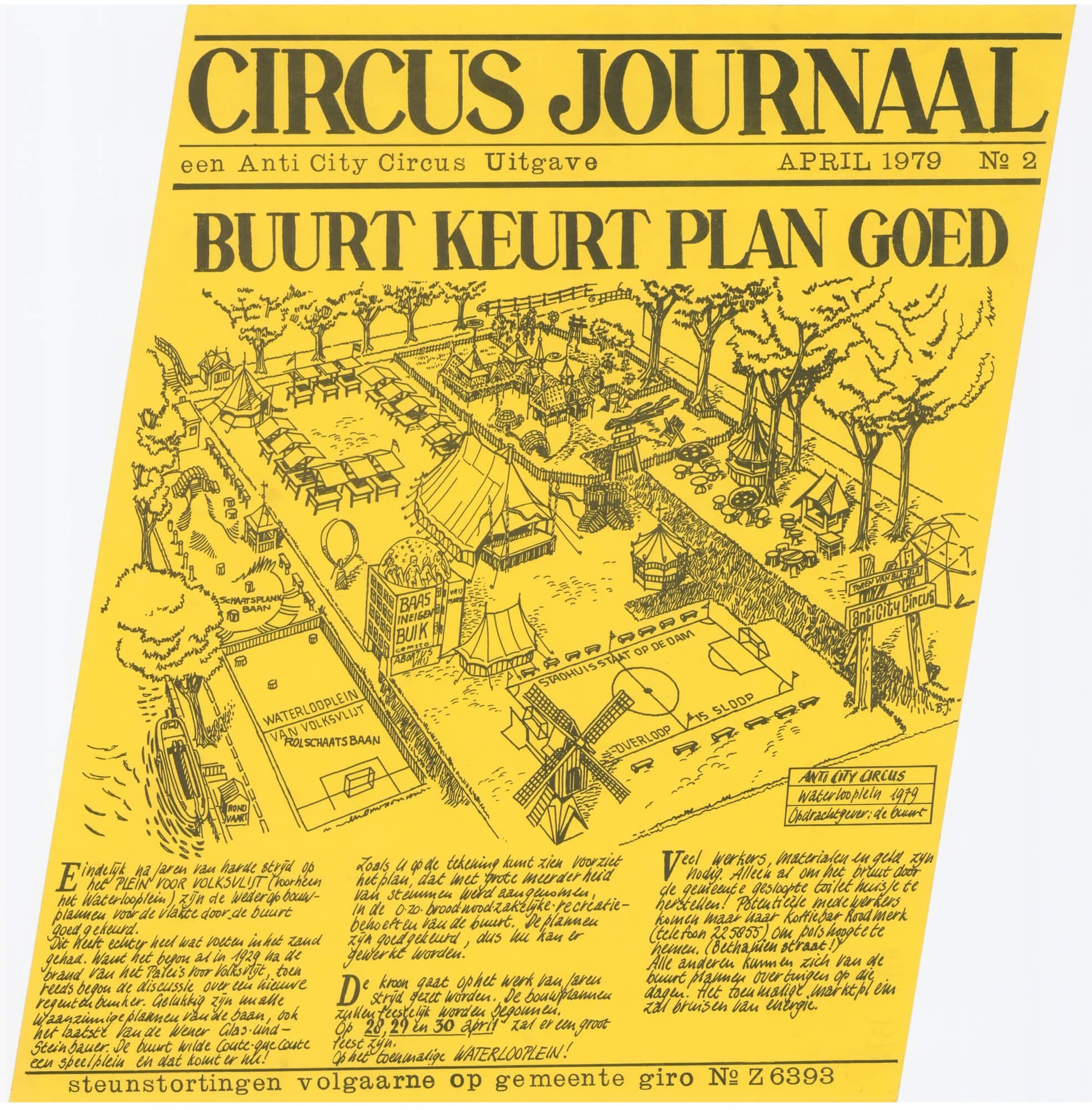 The protest newspaper Het Circus Journaal campaigned for a playground on the Waterlooplein in Amsterdam. It was partly made using rub-down letters, 1979.