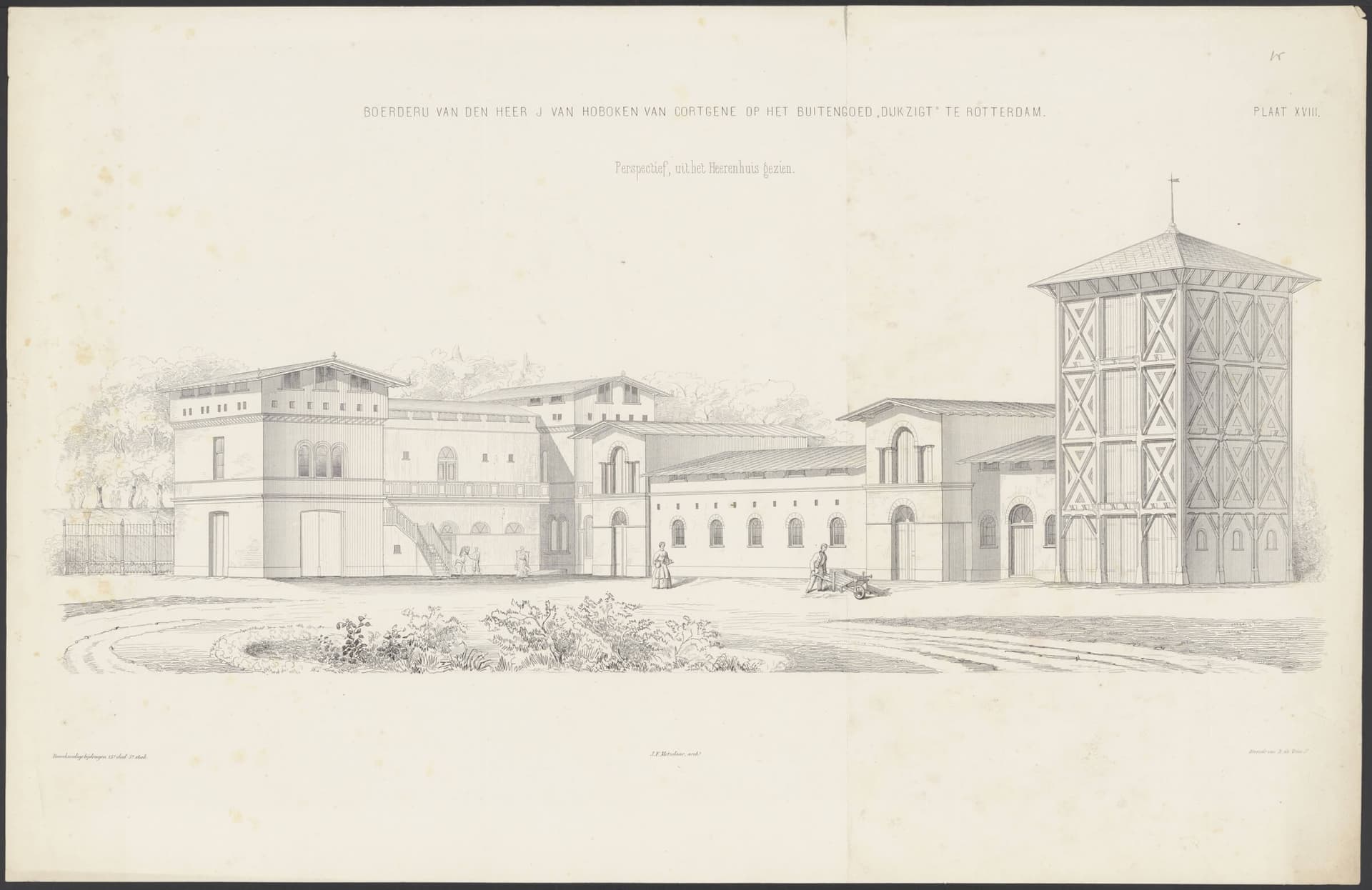 J.F. Metzelaar. Ontwerp voor een boerderij met koetshuis op het landgoed Dijkzigt, 1862. Collectie Het Nieuwe Instituut, Archief Plaatwerk, PLAA t15 