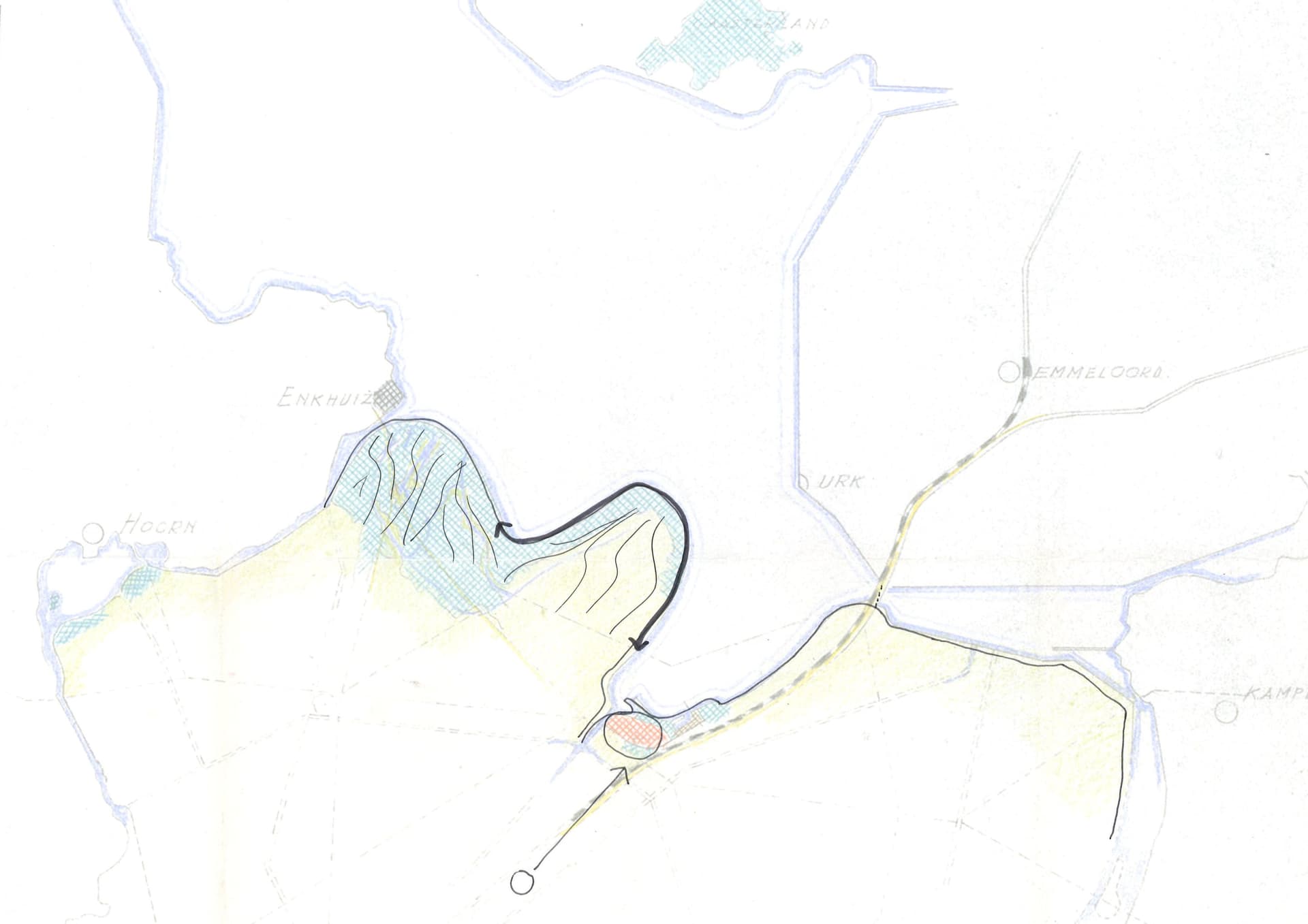  De loop van de dijk volgt de zandplaat de Houtrib, de nieuwe hoofdstad van de polders lag aan een baai. 