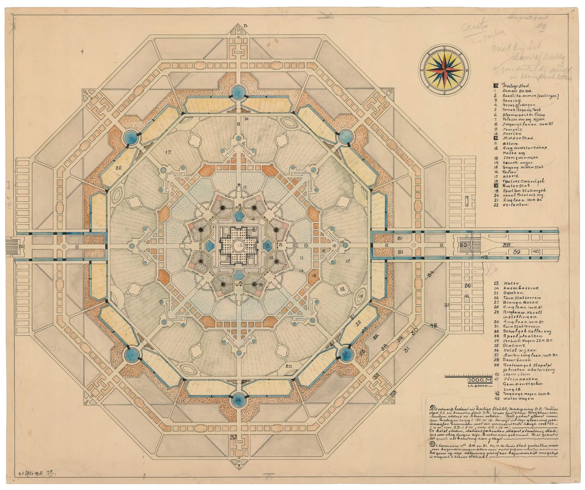 J. London, toepassing van het tuinstadmodel in het ontwerp voor een ‘Lichtstad’, 1918. Het programma voor deze ‘lichtstad’ is geïnspireerd door het streven naar een soevereine staat waarin alle wereldse machten zijn vertegenwoordigd ter bevorde… 