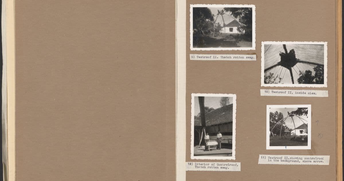 Brown pages with four black and white photos showing the skeleton of a roof.