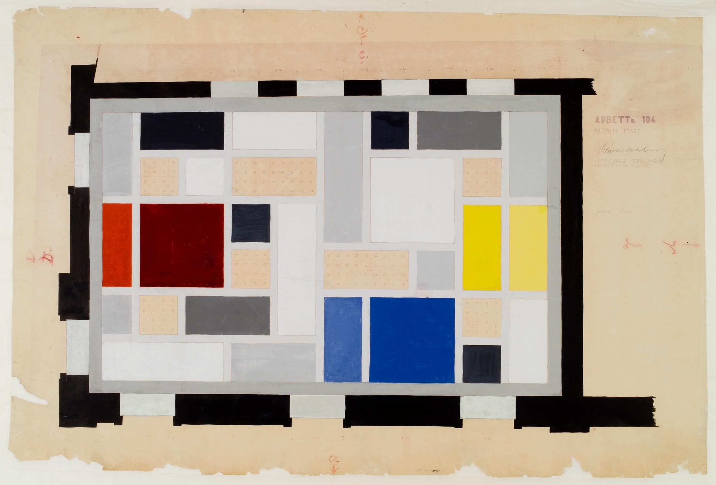 Theo van Doesburg. Café Aubette. Definitief kleurontwerp voor het plafond in de Grand Hall, 1927. Collectie Het Nieuwe Instituut, DOES ab5168. Tekening te zien tijdens Into the Night, Belvedere, Wenen. 