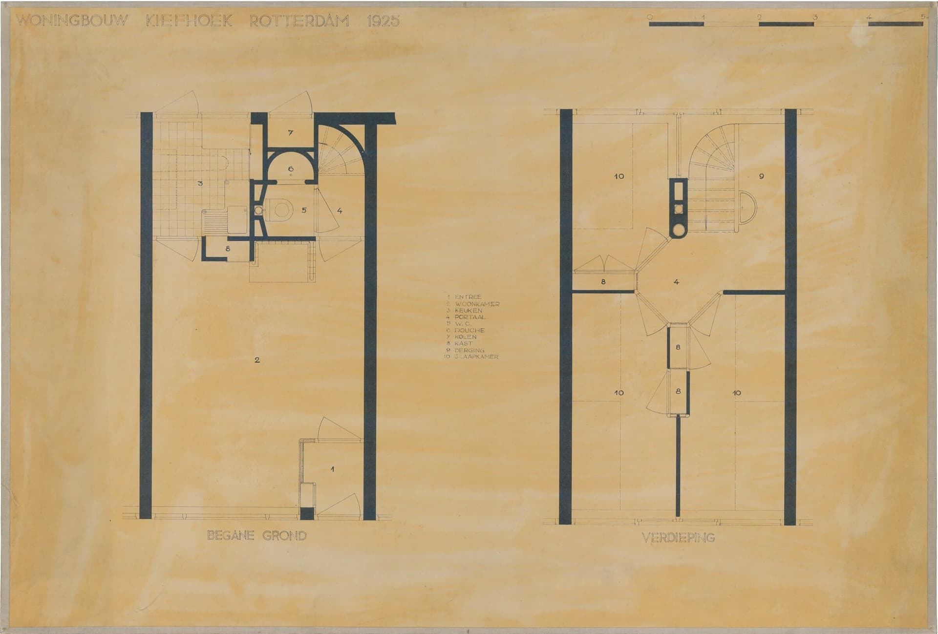 J.J.P. Oud. Plattegrond arbeiderswoningen Kiefhoek, Groene Hilledijk, Rotterdam, 1925-1929. Presentatietekening. Collectie Het Nieuwe Instituut, OUDJ kh100 