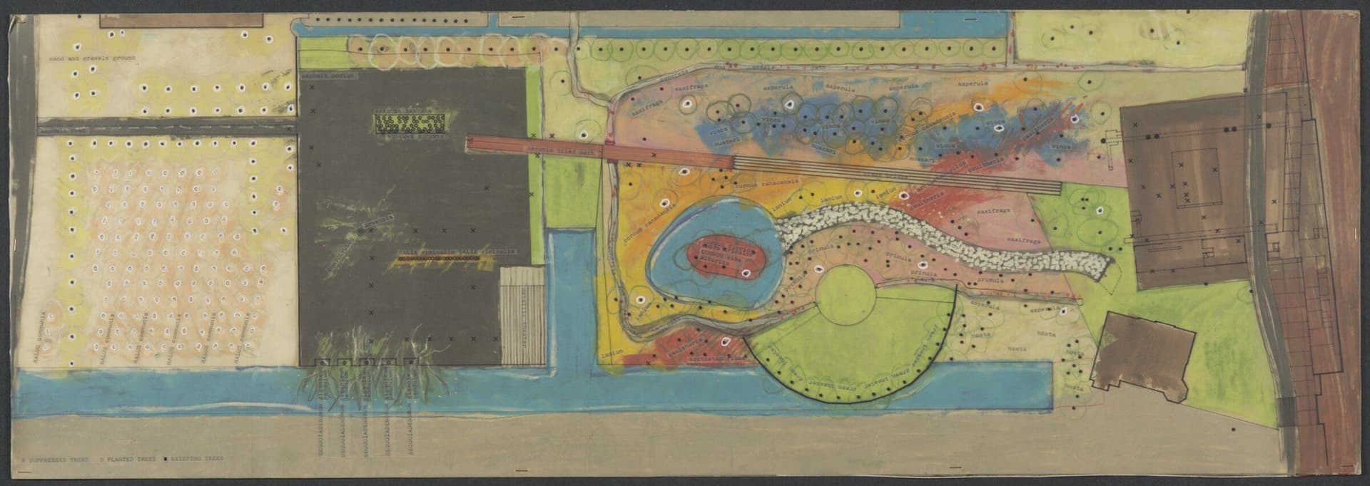 OMA, Yves Brunier, uitvoering in samenwerking met Petra Baisse. Ontwerp voor het Museumpark met verschillende sferen: appelboomgaard, verhoogd podium van asfalt, een bloementuin met oude bomen, ca. 1988. Collectie Het Nieuwe Instituut, archief… 