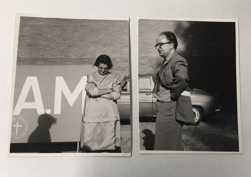 Photograph of the CIAM congress workgroup for the formation of social-visual relationships in Otterlo (the Nederlands). Torn accidentally or on purpose? Photographer unknown. Collection of Het Nieuwe Instituut. Alison and Peter Smithson archive… 