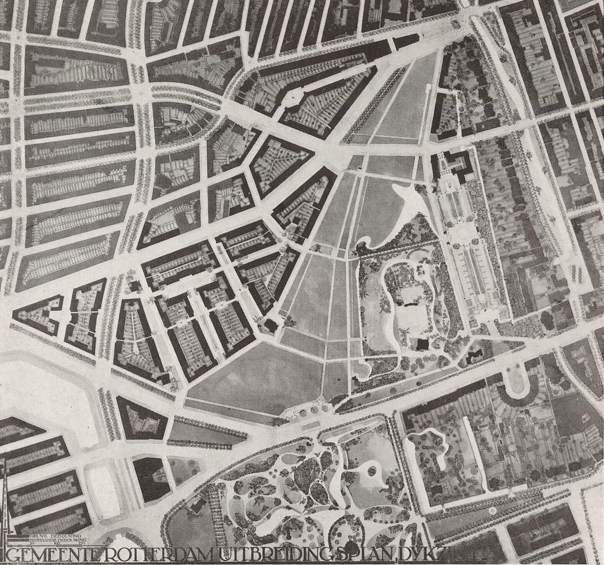W.G. Witteveen. Dijkzigt Expansion Plan, 1927. Seen from the south, the Land of Hoboken’s connection to Het Park, Westersingel and Heemraadsingel. W.G. Witteveen, The Land van Hoboken Expansion Plan, Rotterdam, 1927, p. 7. Collection Het N… 