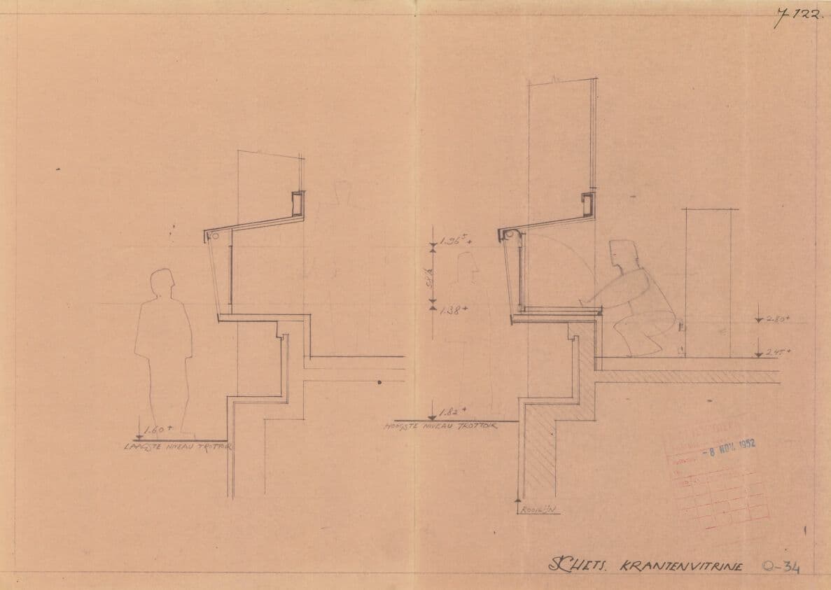 J. Vegter, i.s.m. P.A. Leupen, ontwerpschets voor de krantenvitrine voor het kantoor van het socialistische dagblad Het vrije Volk, Rotterdam, 1950-1954. Archief: J.J.M. Vegter, dossier Het Vrije Volk (Rotterdam)