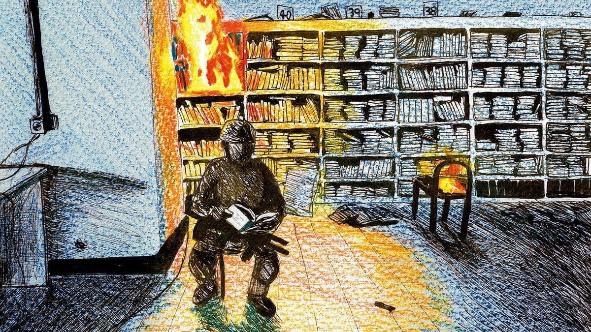 Photo: Recreation by Ibrahim Abusitta of an image of an IOF soldier posing for a picture in front of burning books. 
