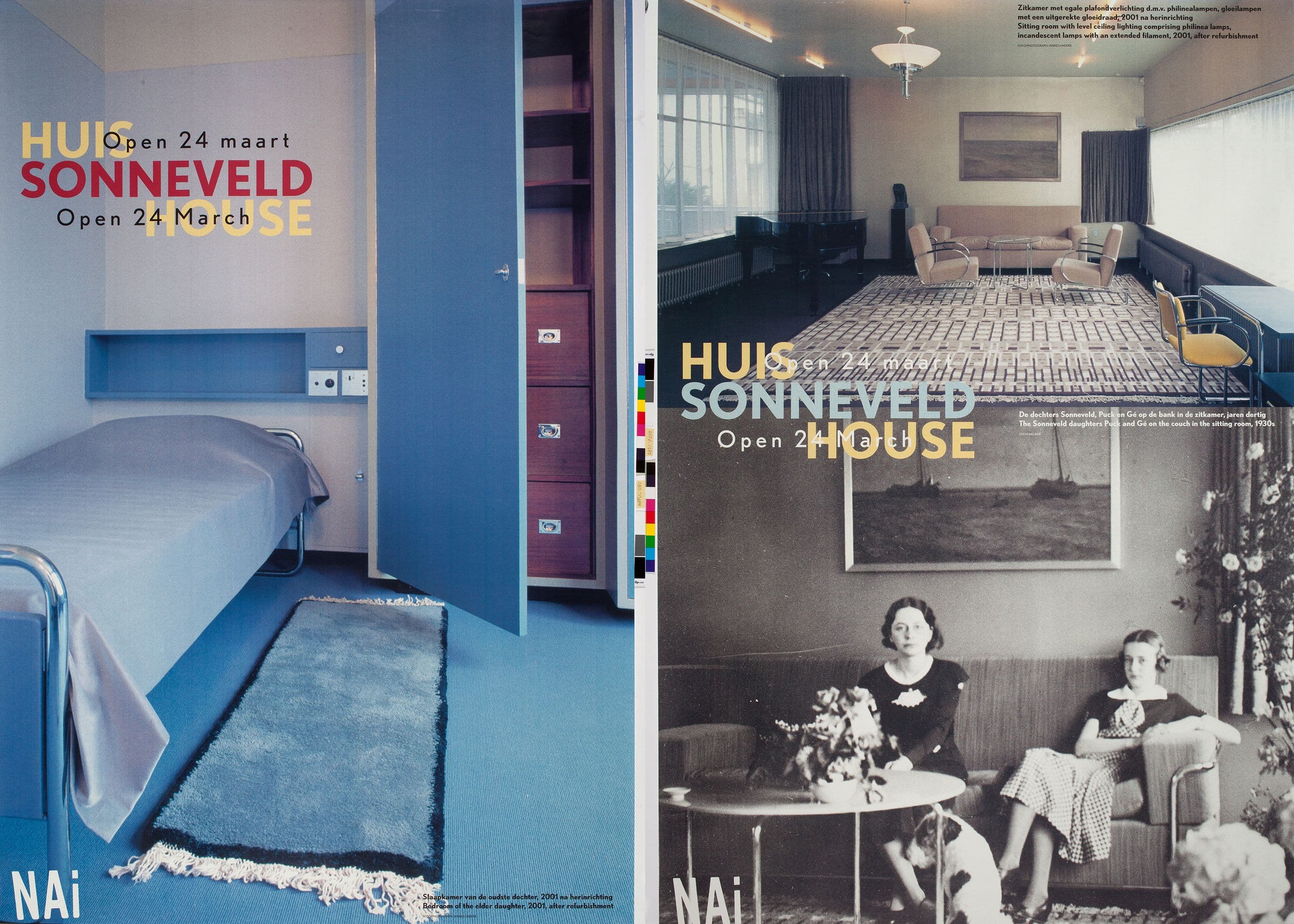 Twee posters uit een reeks die Manifesta (Ad van der Kouwe) maakte ter gelegenheid van de opening van museumwoning Huis Sonneveld in 2001. Collectie Nieuwe Instituut, archief AFFV 1382 en 1383