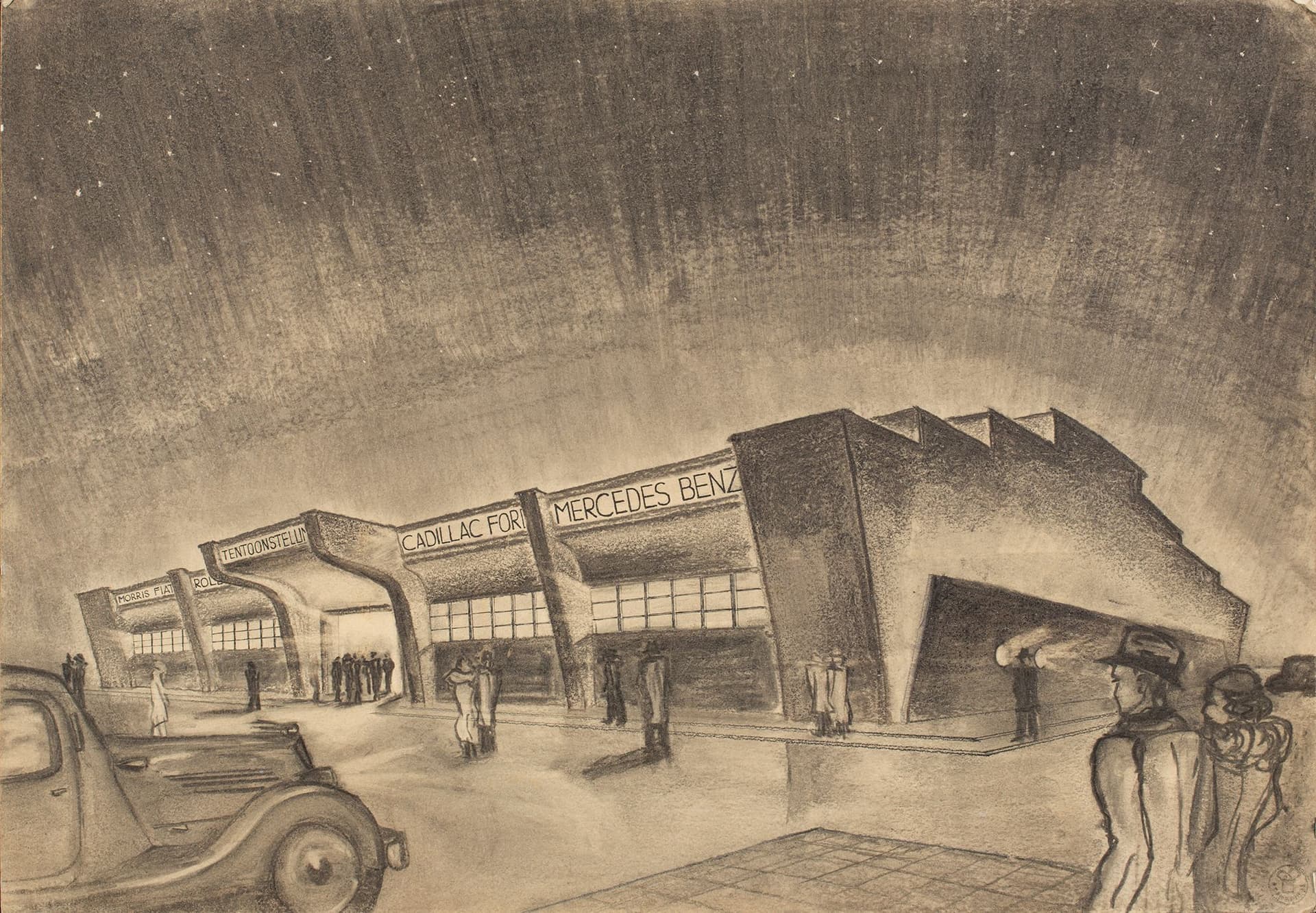  E.J.S.G. Boissevain. Avondimpressie van een tentoonstellingsgebouw, 1930–1934. Collectie Het Nieuwe Instituut. BOIS t4 
