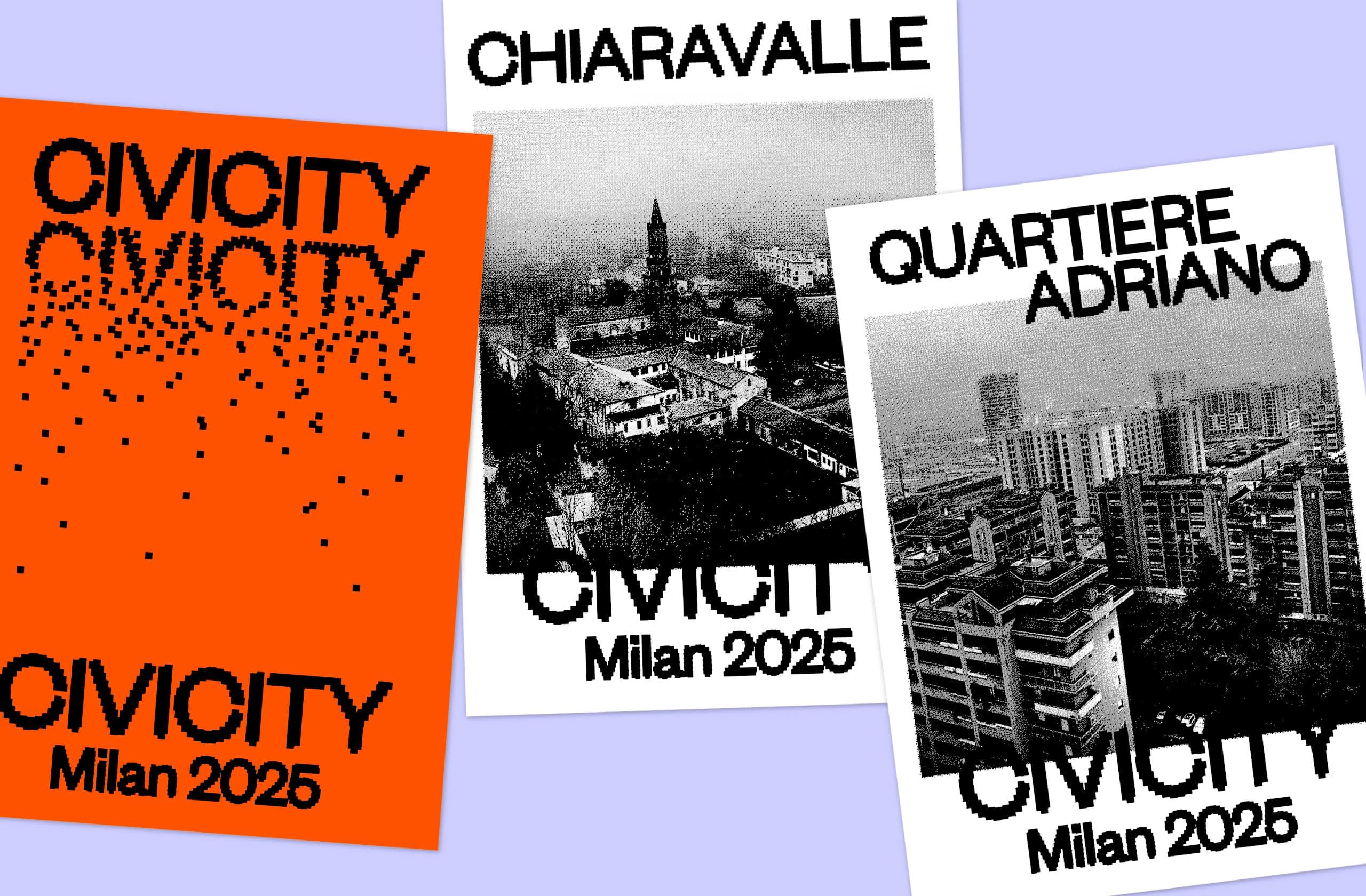 Graphic design of CIVICITY showing two core locations of the project. Design: Collective Works