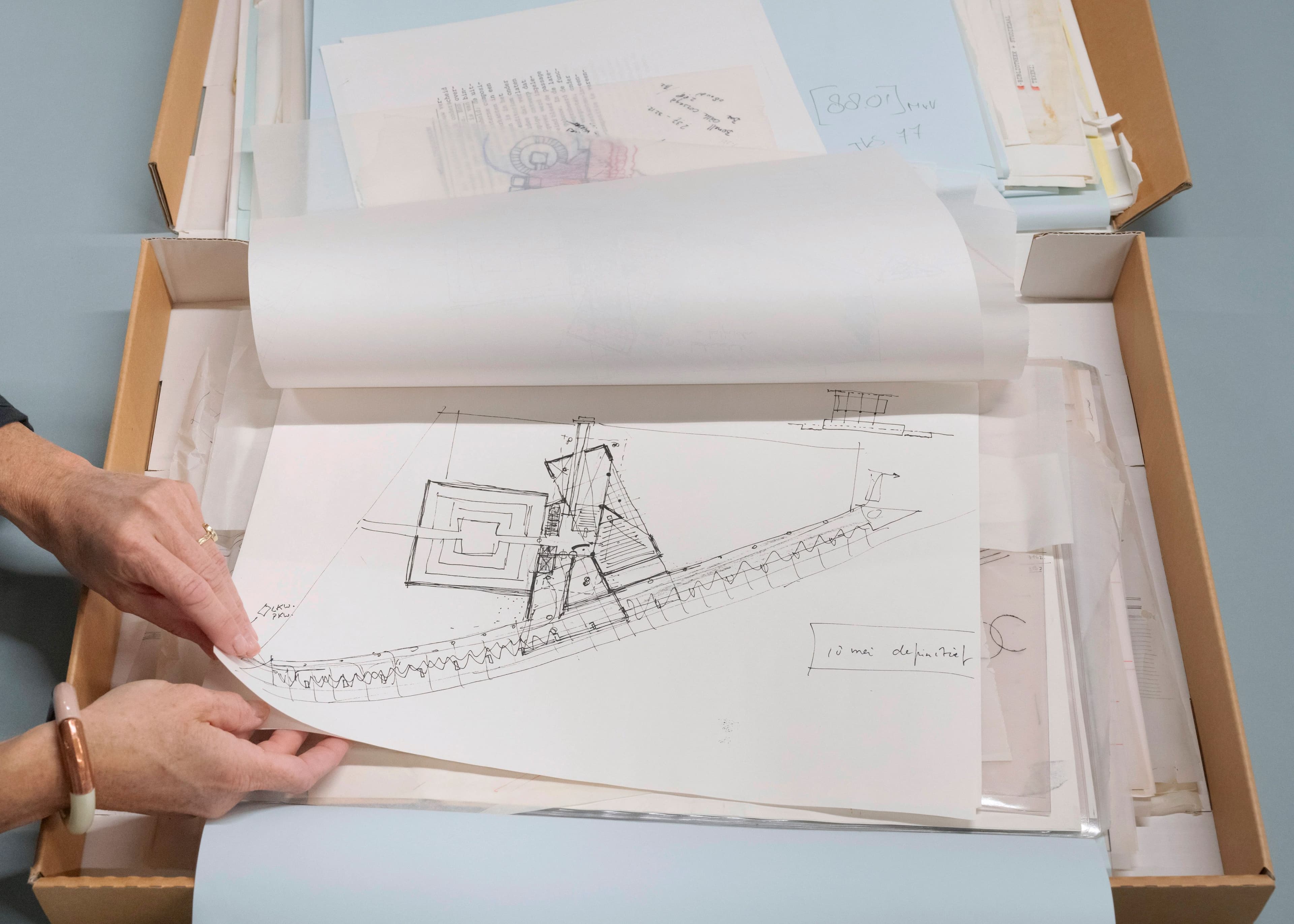 Design drawings of the Netherlands Architecture Institute in their original packaging. Photo: Johannes Schwartz.