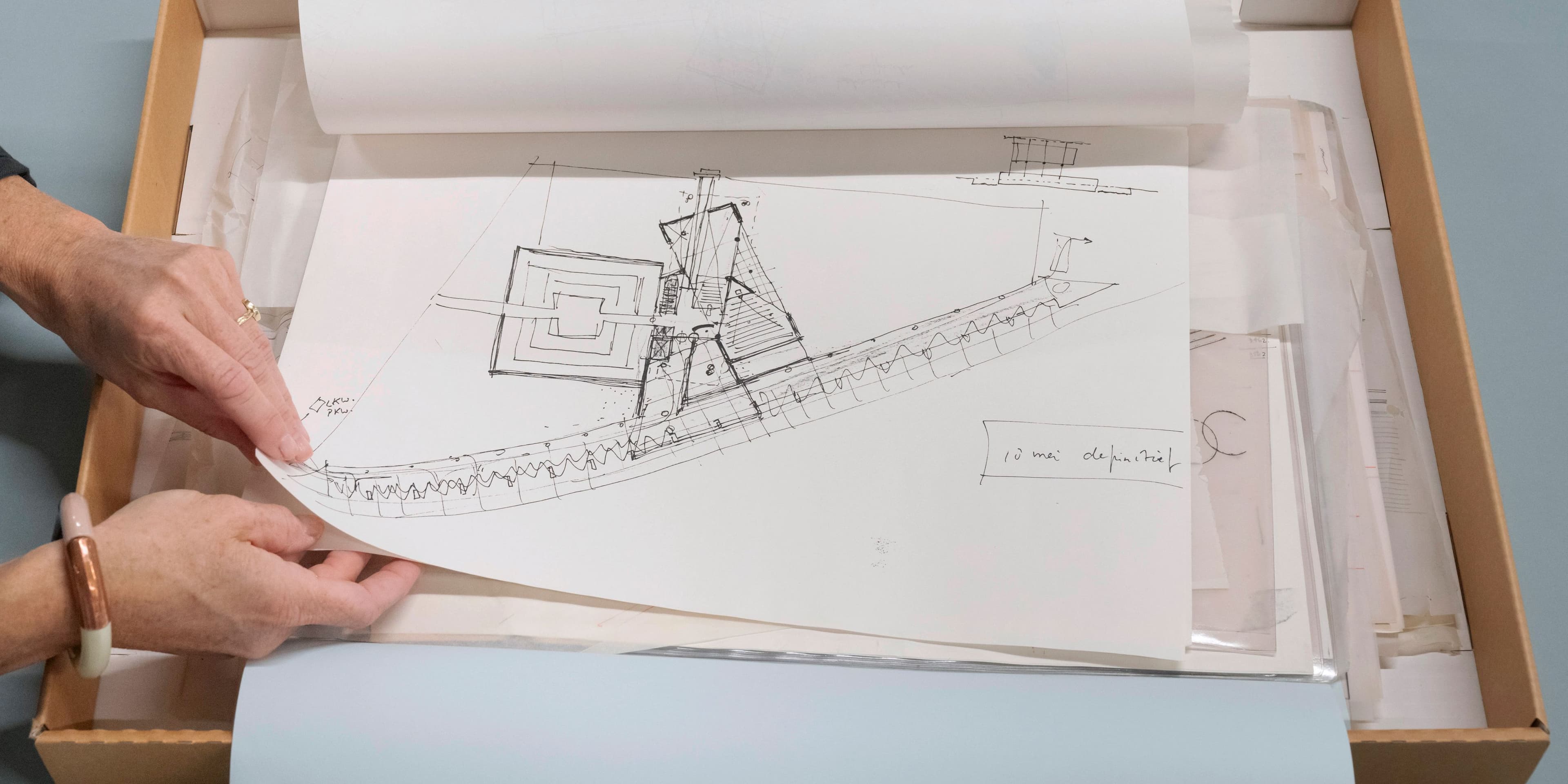Design drawings of the Netherlands Architecture Institute in their original packaging. Photo: Johannes Schwartz.
