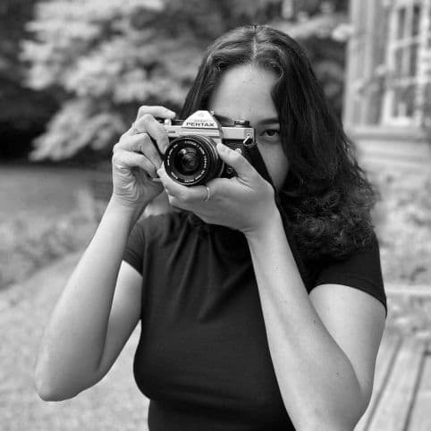 Black and white portrait photo of Myriam Amri