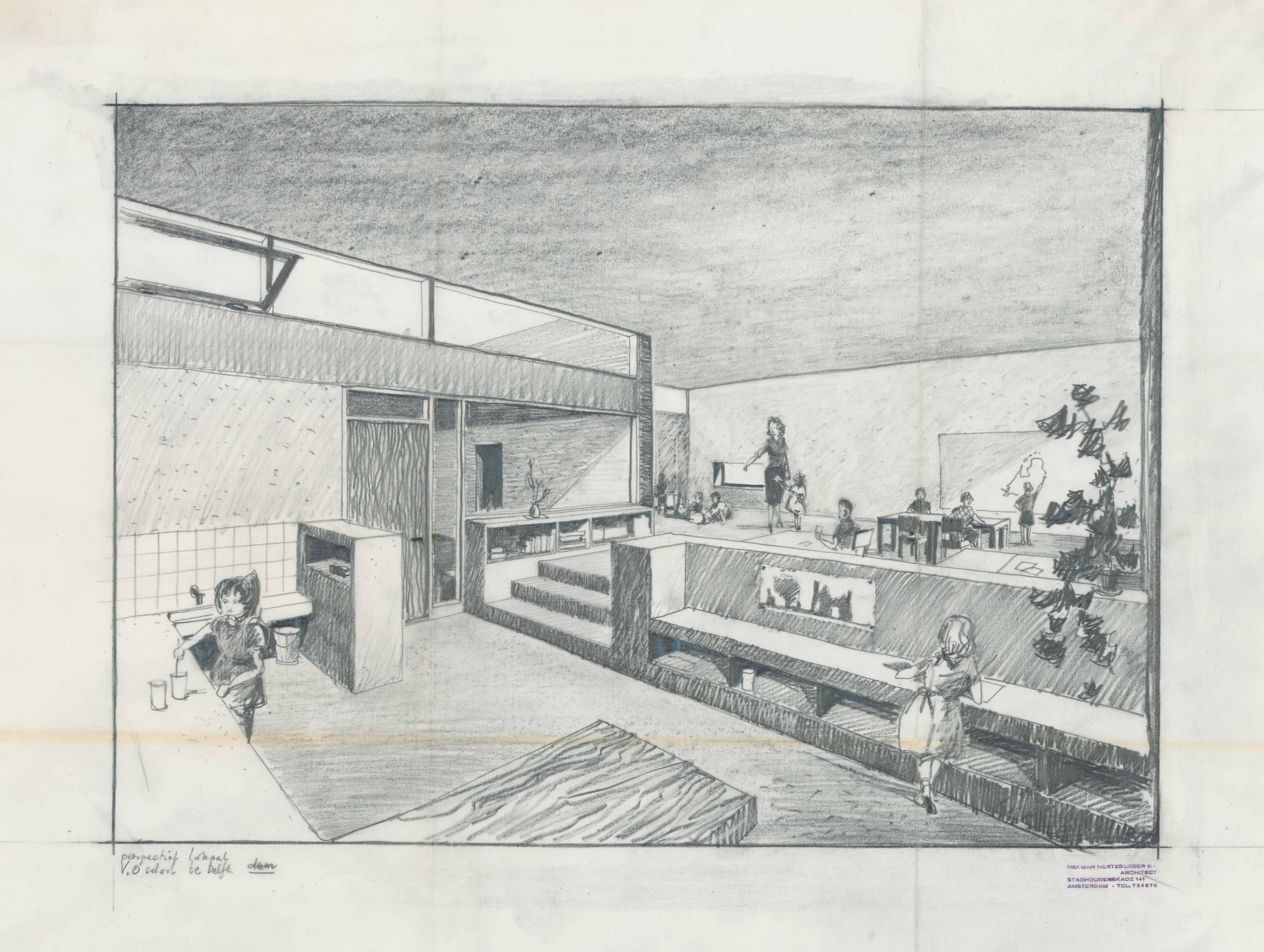 Herman Hertzberger. Interior perspective of a design for the extensions of the Lagere Montessorischool in Delft, 1968-1970. Collection Nieuwe Instituut, HERT 15-4.