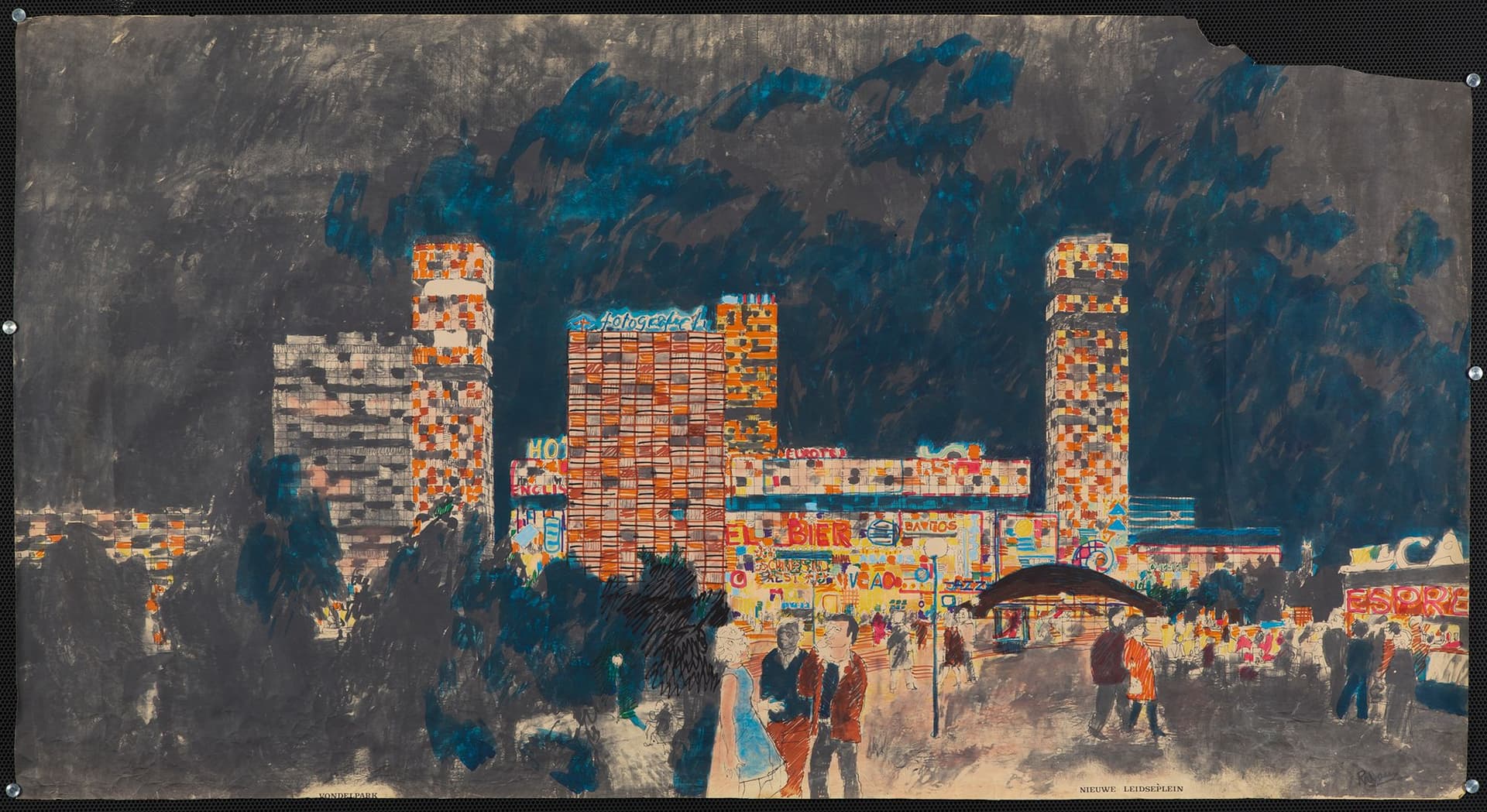 Nachtvlinders. J.B. Ingwersen. Avondimpressie van het Leidseplein in Amsterdam, 1960–1965. Collectie Het Nieuwe Instituut. INGW r79 